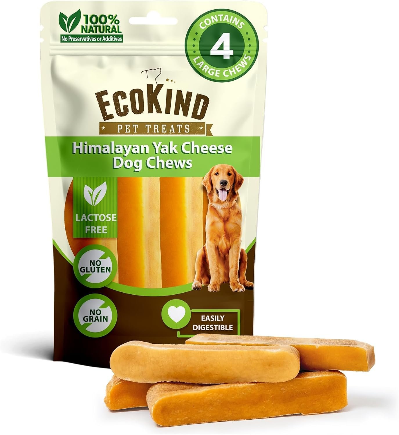 EcoKind Yak Cheese Himalayan Dog Chews, Yak Chews for Large Dogs, 4-5 Bones
