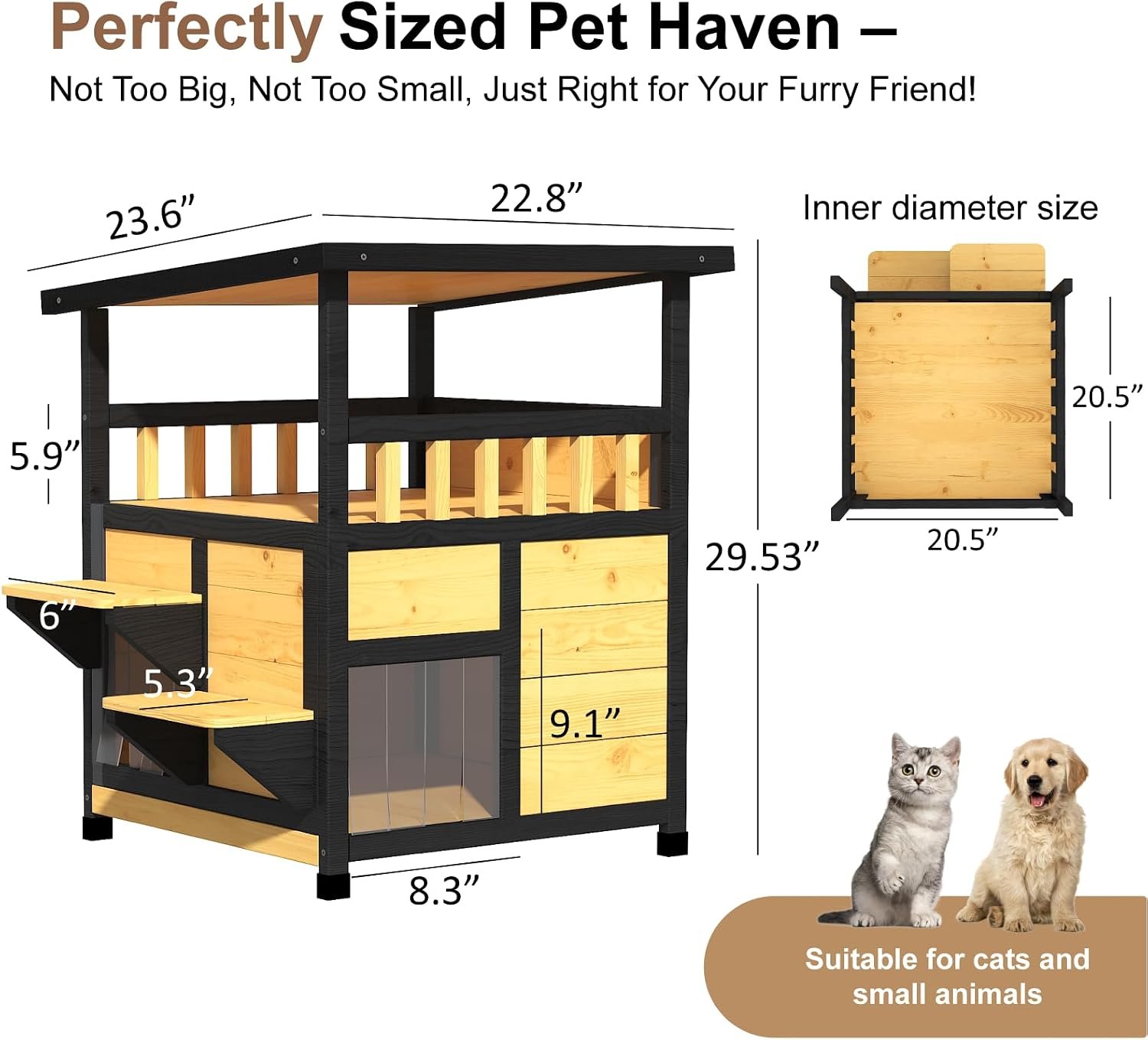 Outdoor Cat House Weatherproof, Outside Two Story Feral Cat Shelter with Escape Door, Scratching Mat, Pull-Out Bottom, Playful Cat Condo for Small & Medium Pets, Black and Earthy Yellow