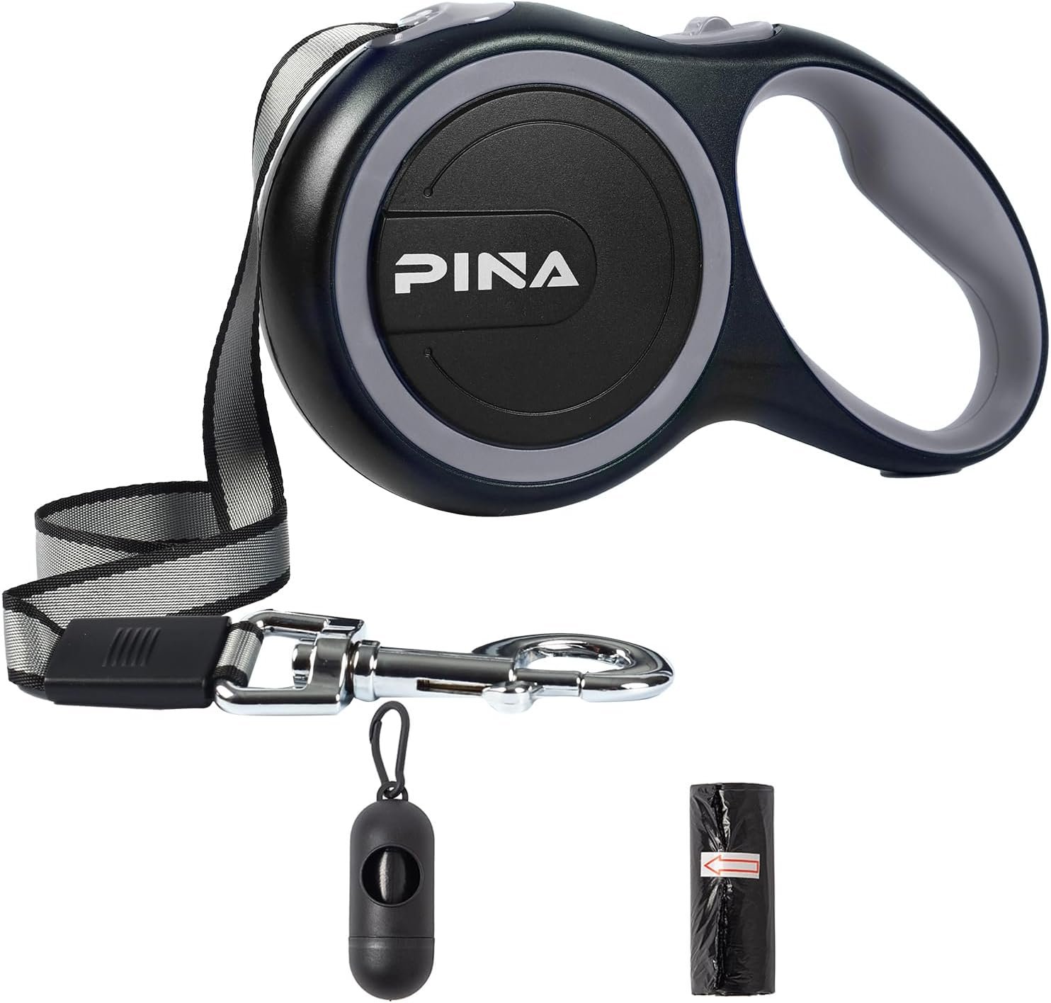 PINA Retractable Dog Leash, 26ft Dog Leash for Small Medium Large Dogs Up to 110lbs, 360° Tangle-Free Strong Reflective Nylon Tape, with Anti-Slip Handle, One-Handed Brake, Lock – Black Gray