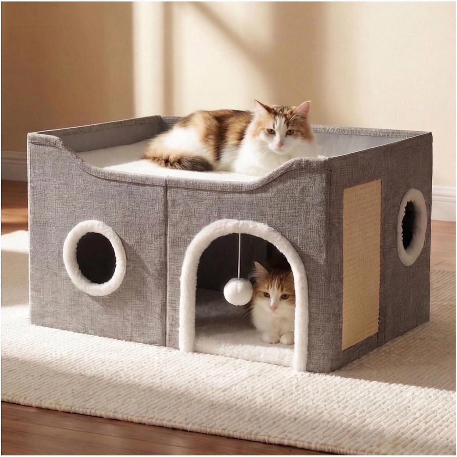Eolahalcy Cat Beds for Indoor Cats – Large Cat Cave for Pet Cat House with Fluffy Ball Hanging and Scratch Pad, Foldable Cat Houses for Large Indoor Cats,Cat Hideaway, 23.8×15.9×13.2 inches, Grey