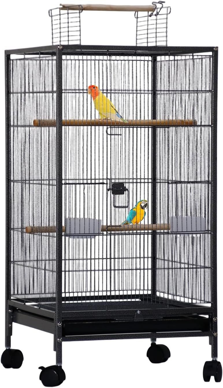 40” Wrought Iron Birdcage with Detachable Rolling Stand & Feeder, Large Bird Cage with Secure Lock & Slide-Out Tray, Indoor Outdoor Bird Cage on Wheels,Parrot Cages for Parakeets, Pigeons, Black