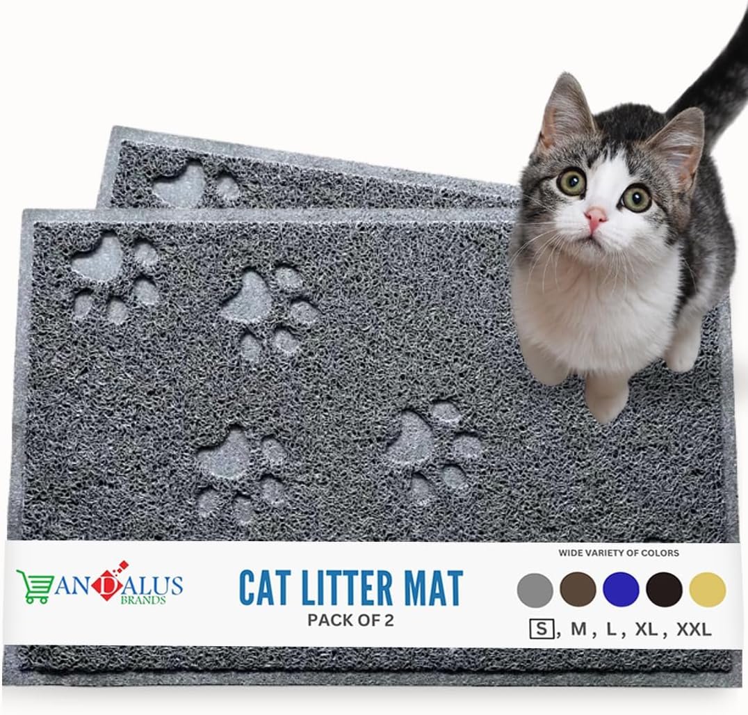 Andalus Small Cat Litter Mat, Pack of 2 – Waterproof, Non-Slip & Easy to Clean Cat Litter Box Mat for Extra Efficient Pet Litter-Trapping, Grey (15.75” X 11.75”)
