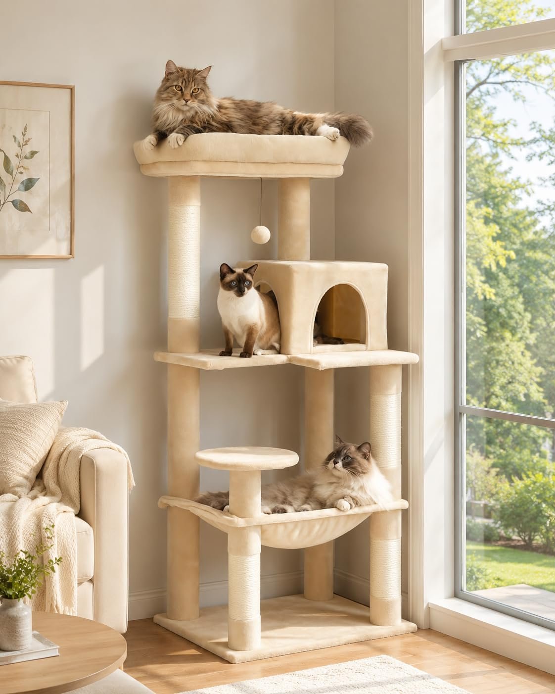 MUTTROS Cat Tree for Large Cats Adult with Metal Plush Big Hammock, 56.3″ Cat Tower with 2 Door Condo House, 6-Tier Cat Shelves with Scratching Posts and Large Top Perch, Beige