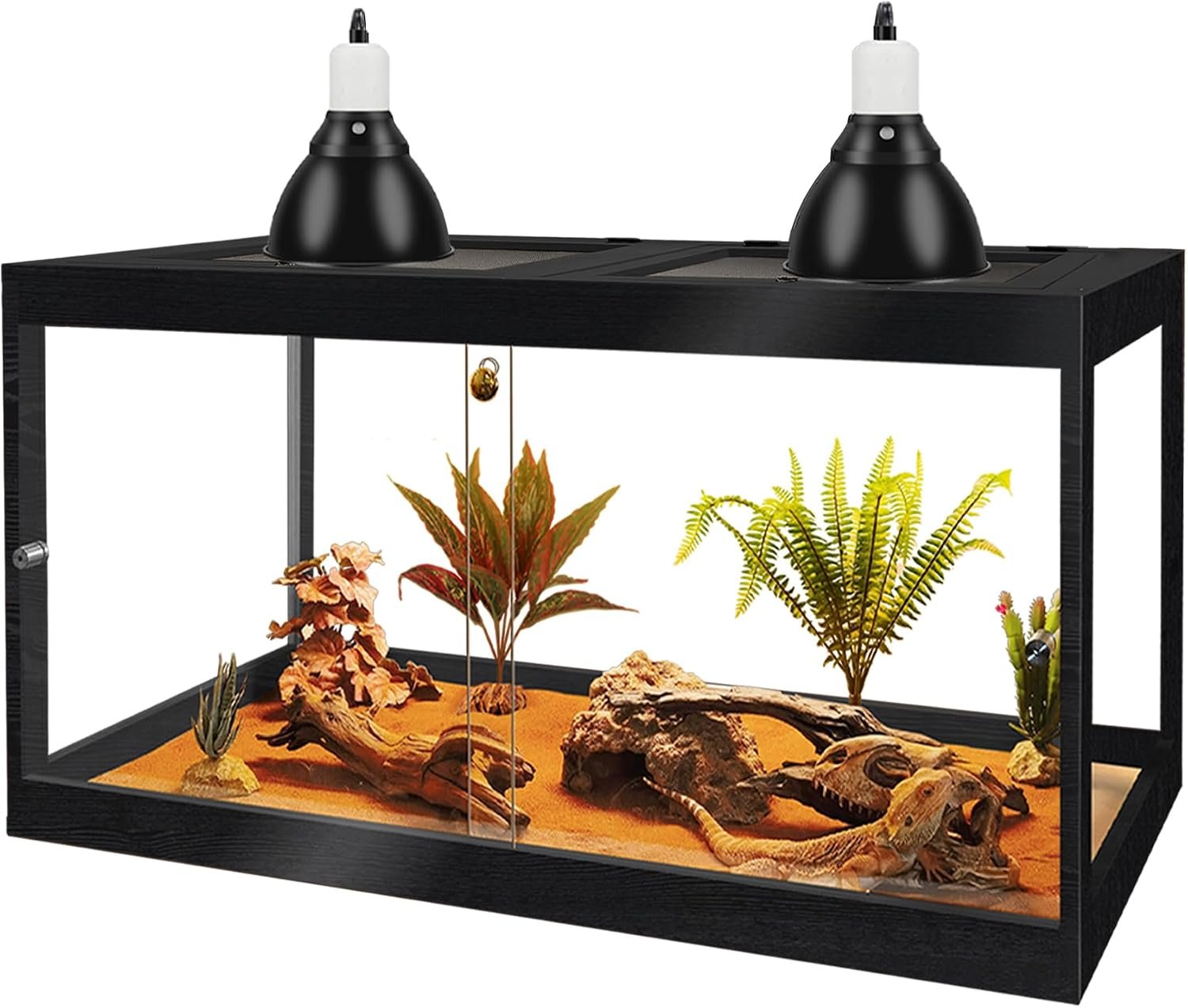 PROLEE Bearded Dragon Tank 30 Gallon, 24 x 16 x 16 Inch Wooden Reptile Enclosure with Metal Mesh Top, Clear Acrylic Sliding Doors and Lock, Large Lizard and Snake Tank, Black