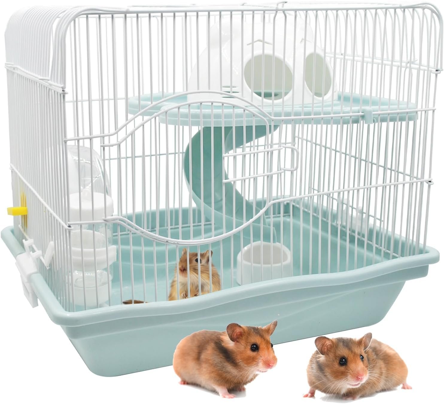 2-Tier Portable Hamster Cage and Habitats,Travel Metal Mouse Cages with Free Water Bottle,Houses and Exercise Wheel for Any Breed of Hamster and Small Animal (14.6×11.0x11.8inch Light Blue)