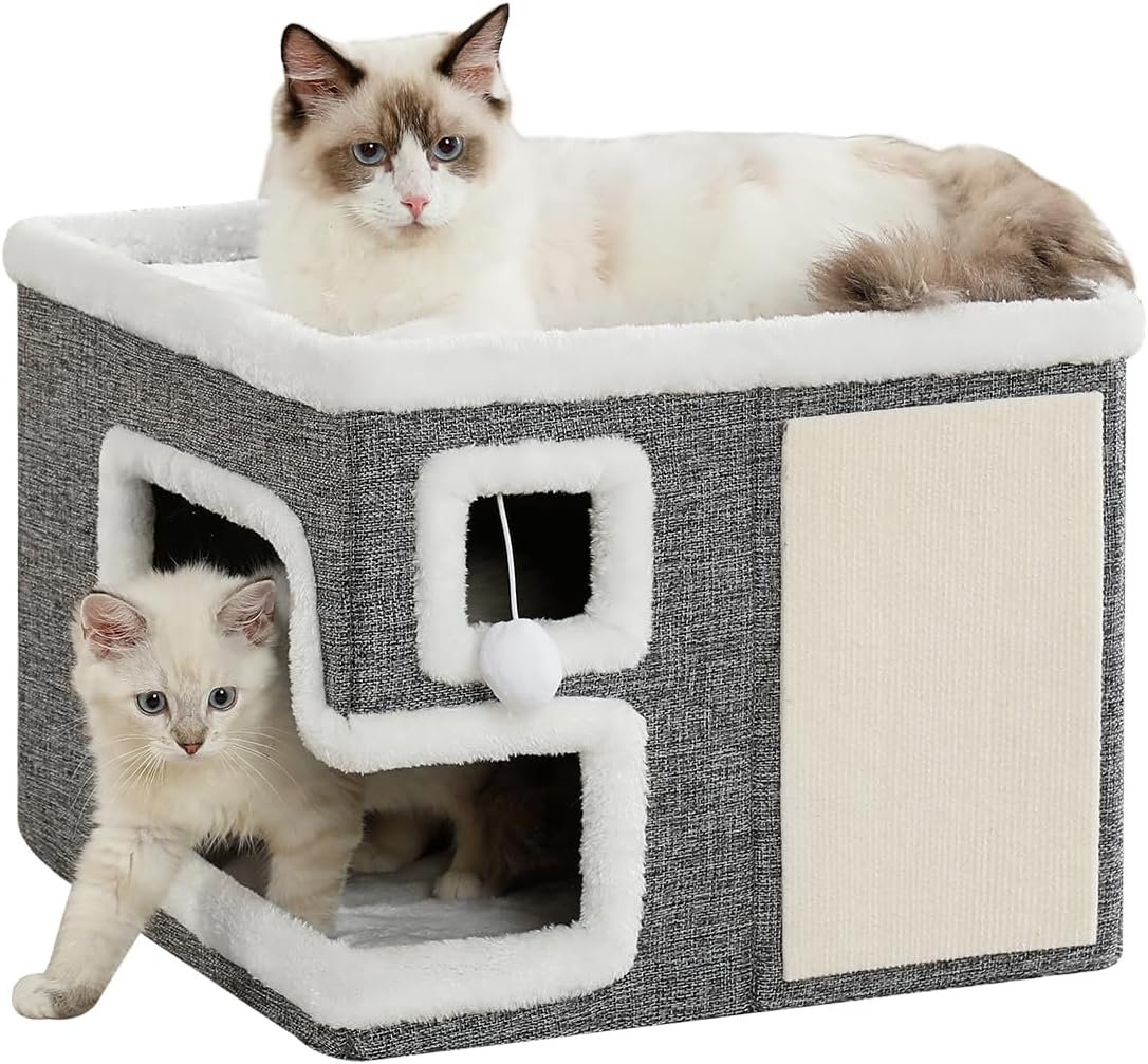 Cat Houses for Indoor Cats, Covered Cave Bed with Scratch Pad and Fluffy Ball, Foldable Cat Hideaway Condo for Large Cats, Modern Kitten Bed,16.5×16.5×13 inches (Grey, Large)