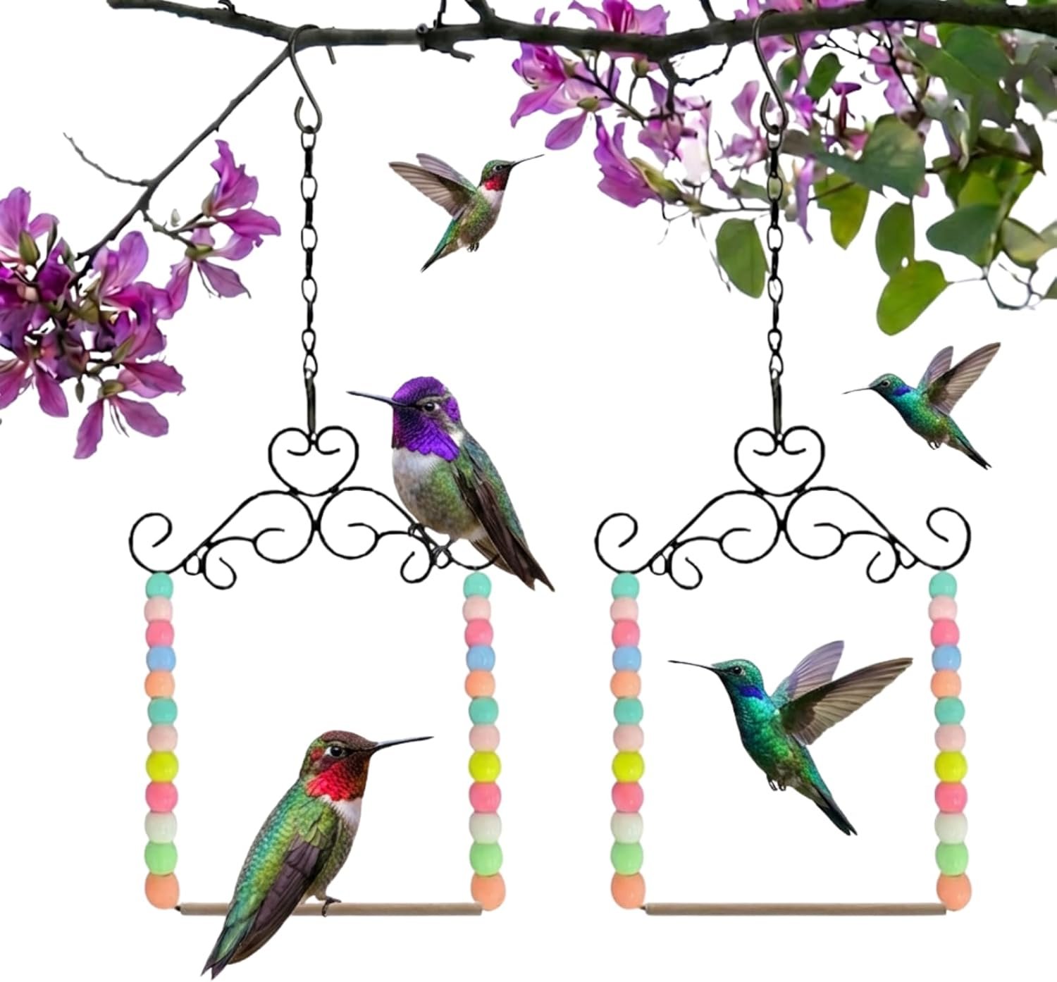 Hummingbird Swing & Perch for Outdoor – Rust-Resistant Metal Bird Perch with Colorful Beads, Easy Hanging Garden Accent Near Feeder, Bird Bath & Hummingbird House (2 PCS)
