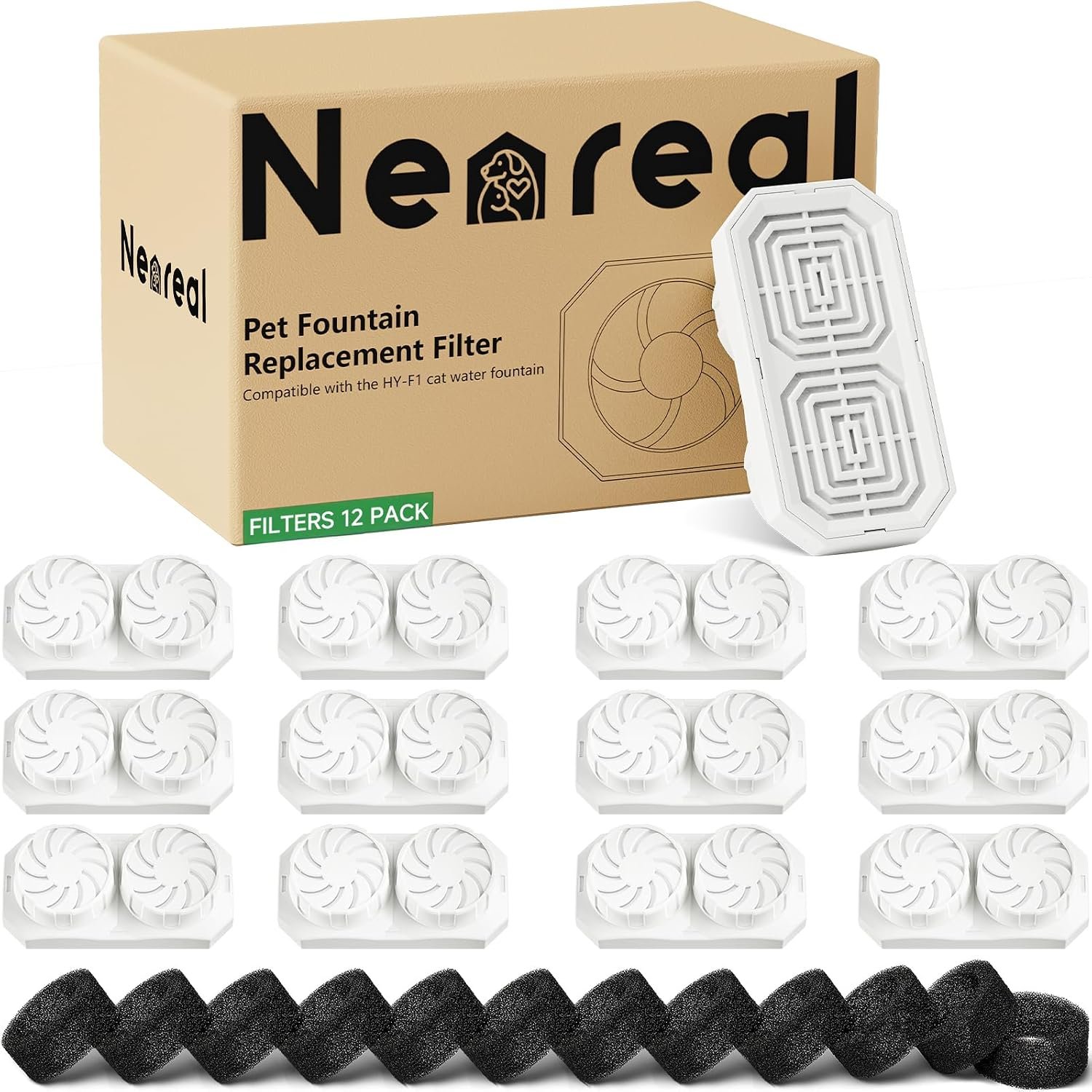 Neareal Official 12-Pack Replacement Filter Set for 108oz Cat Fountain