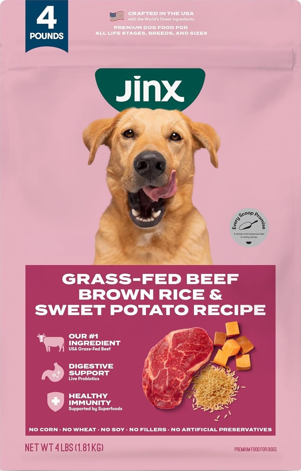 Jinx Dry Dog Food – Grass-Fed Beef, Brown Rice & Sweet Potato, 4lb
