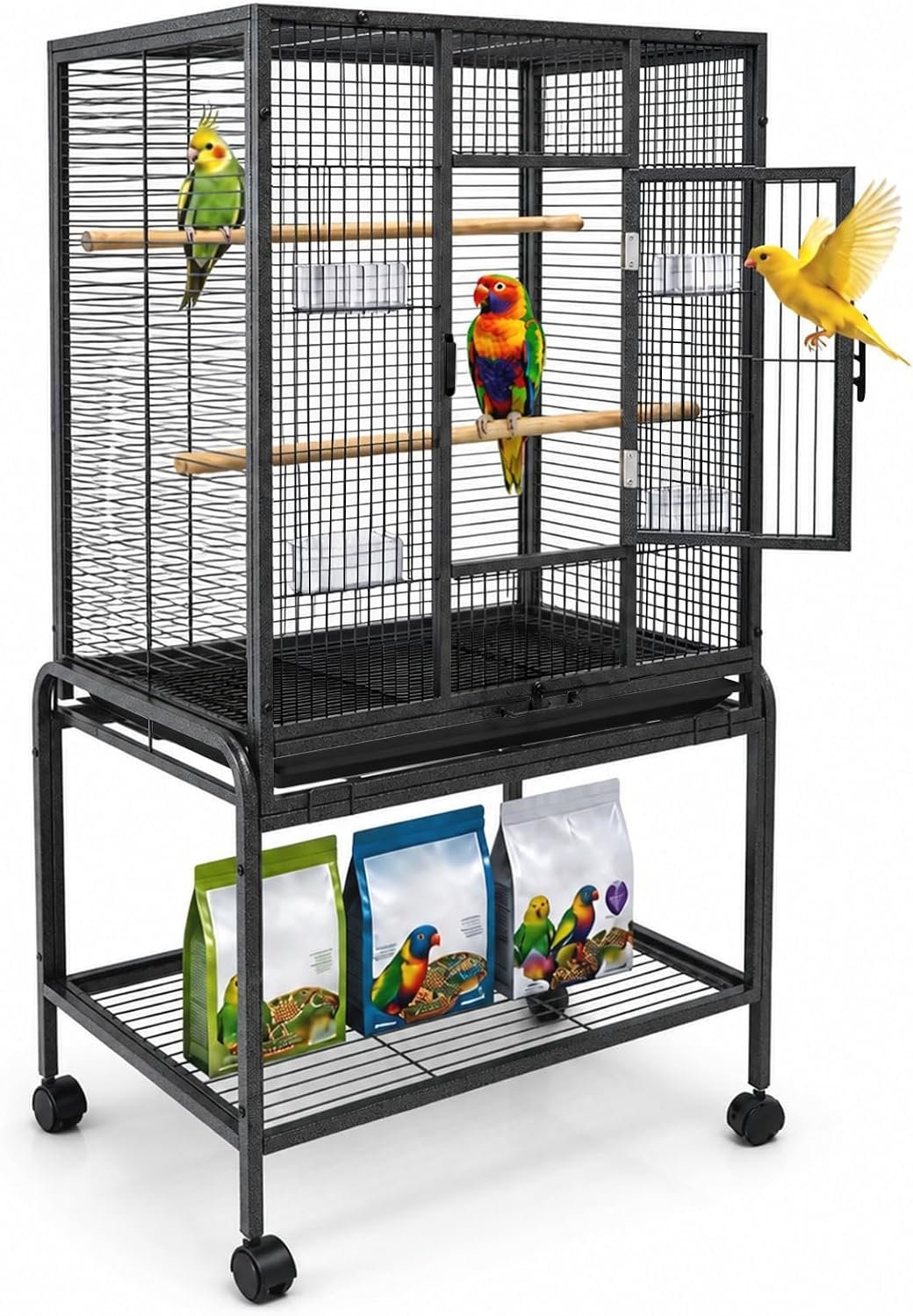 54-Inch Bird Cage with Horizontal Wire Design, Wrought Iron Bird Flight Cage with Rolling Stand, and Slide-Out Tray Suitable for Parrot, Cockatiel, Lovebird, Finch, Pigeon.