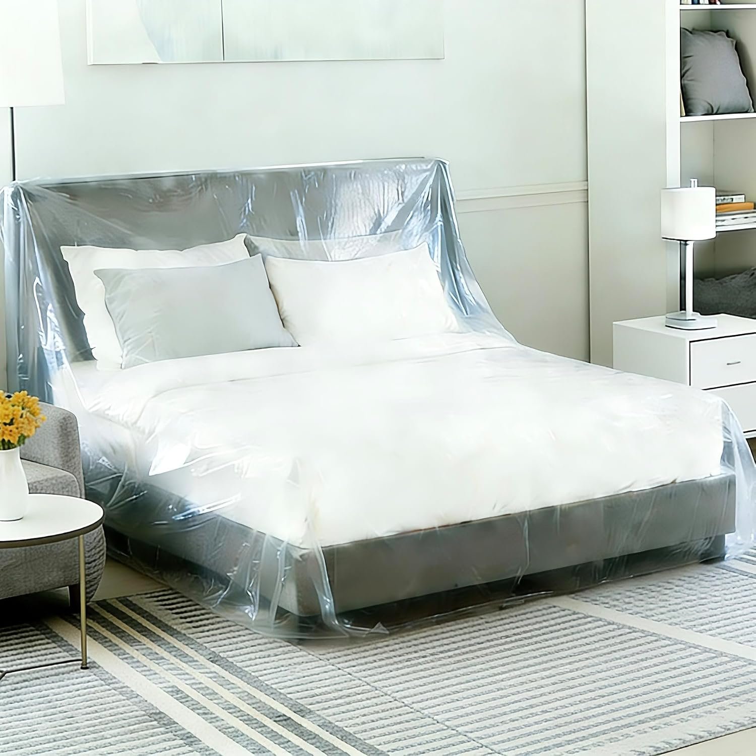 Plastic Bed Cover – Waterproof Furniture Sofa Couch Protector from Cat Full Extra Large King Queen Bed Storage Dust Cover for Moving