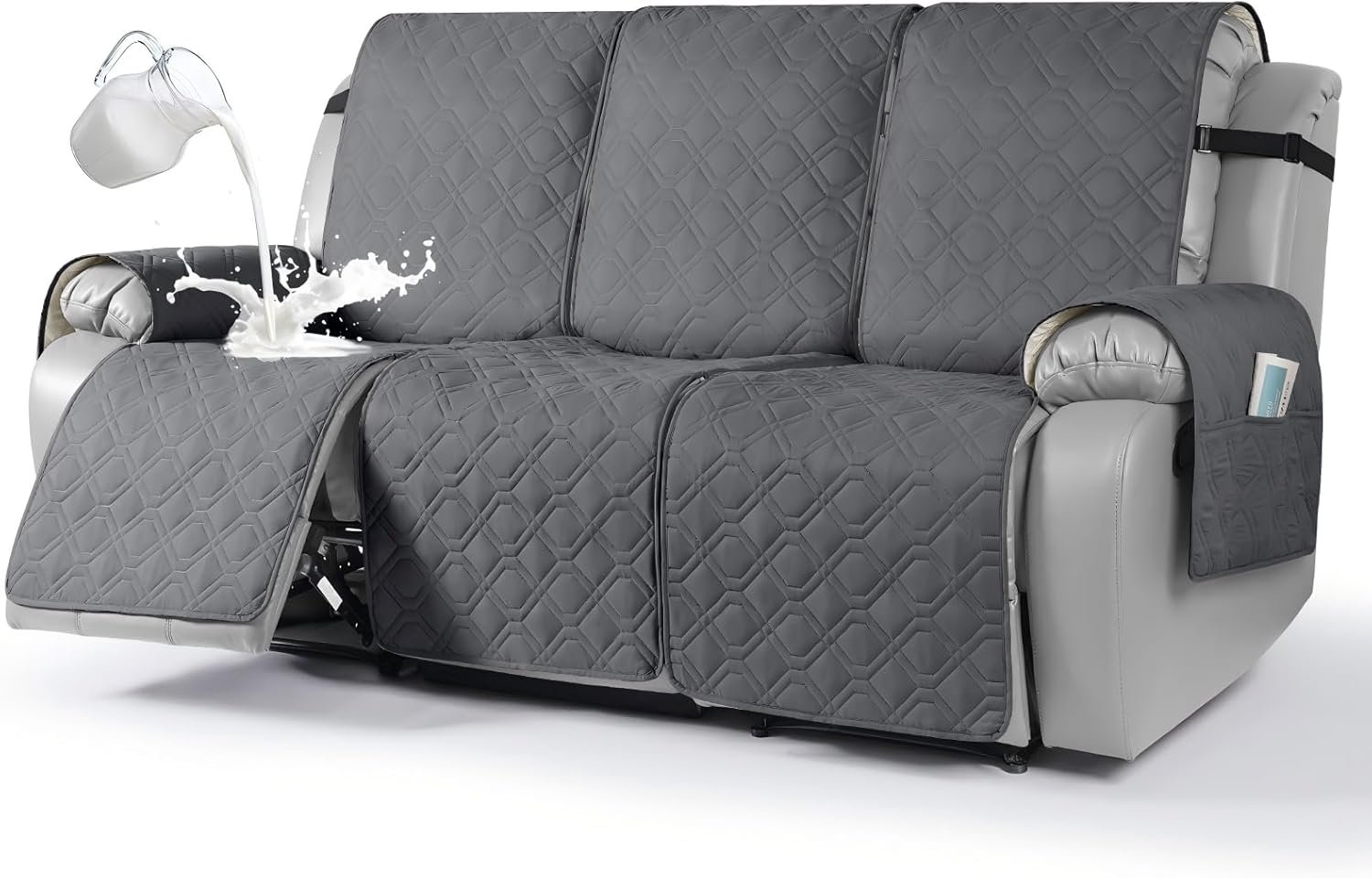 VANSOFY Waterproof Recliner Couch Covers Washable, Dark Gray,3 Seater | 1-Piece, Non-Slip with Elastic Straps, Sofa Cover with Pocket for Dogs, Pets
