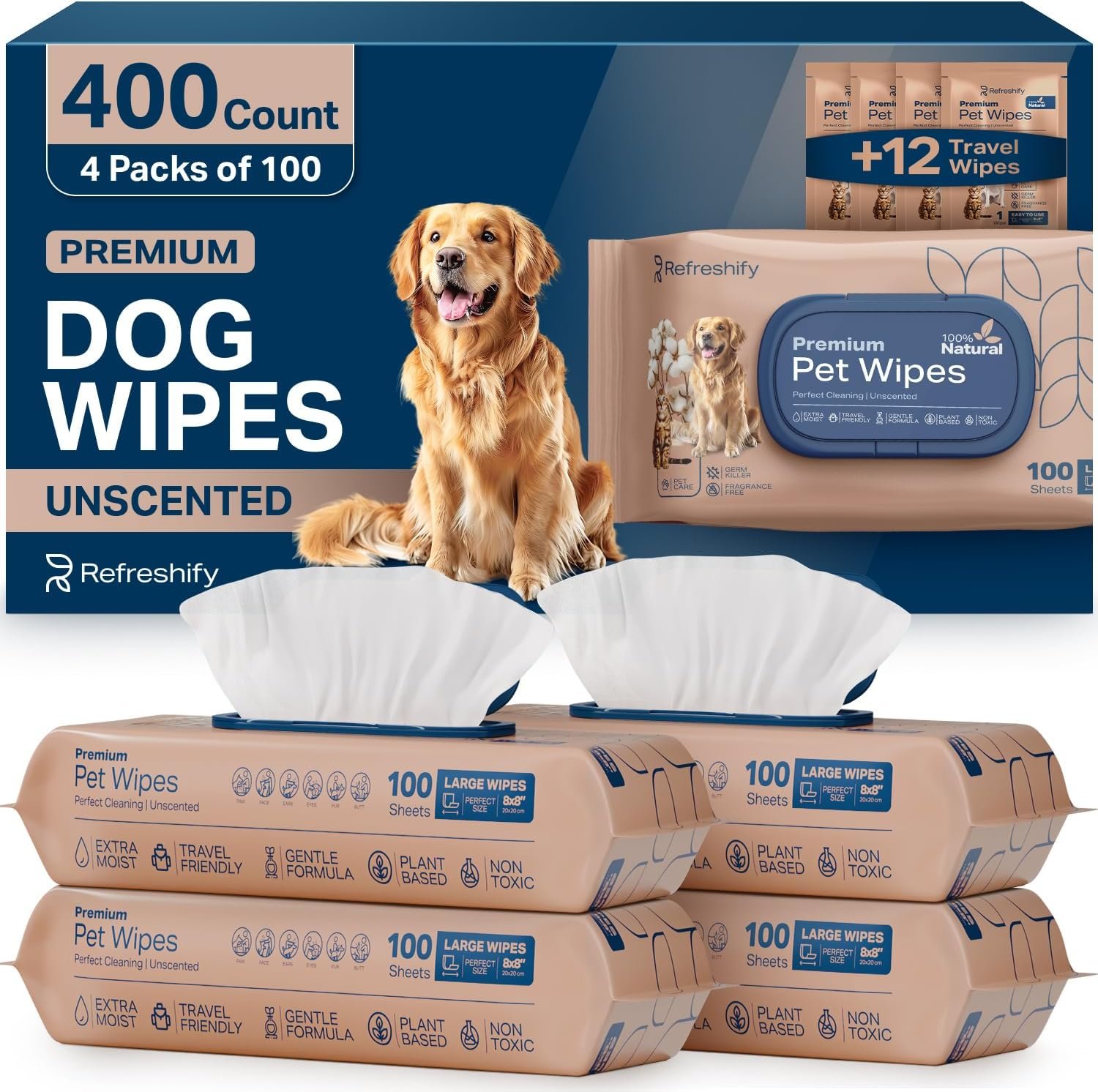 REFRESHIFY Dog Wipes for Paws and Butt – Plant Based Unscented (Pack of 400) – Pet Wipes for Dogs and Cats – Deodorizing Non Toxic Dog Wipes, +12 Additional Travel Wipes