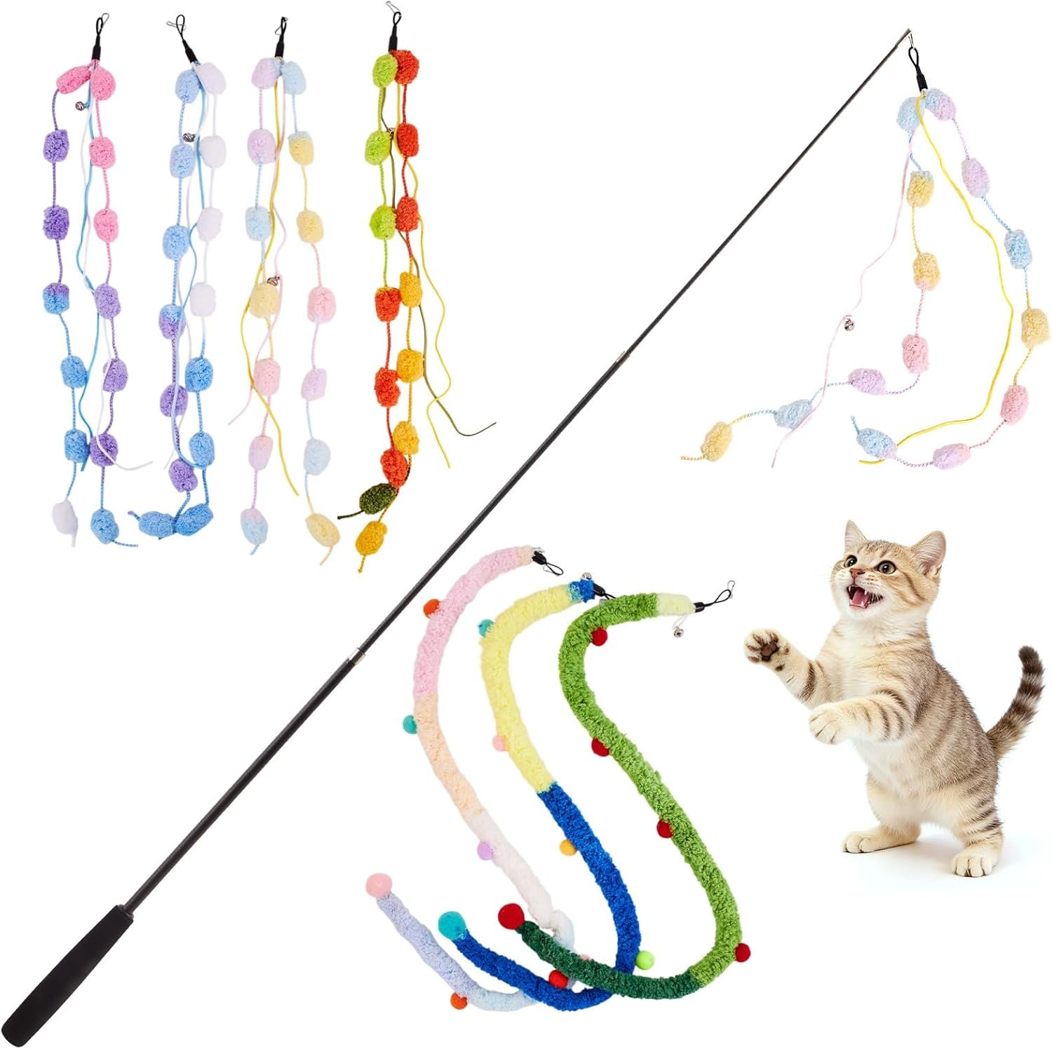 Cat Wand Toy, 8Pcs Retractable Plush Srtip Cat Teaser Wand Toys