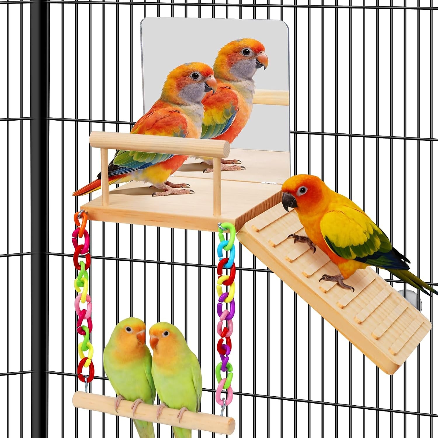 Bird Perches Swing Platform with Bird Mirror Birds Ladder Toys