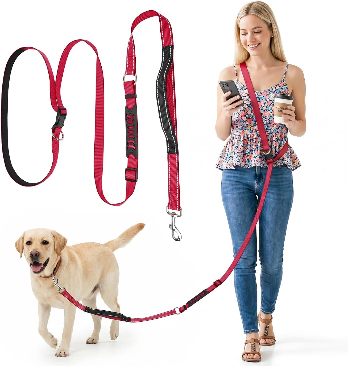 XiaZ Hands Free Dog Leash,Versatile Crossbody Dog Leash,5.9-7.9 FT Waist Belt with Double Handles for Small Medium and Large Dogs Walking, Running and Jogging, Red