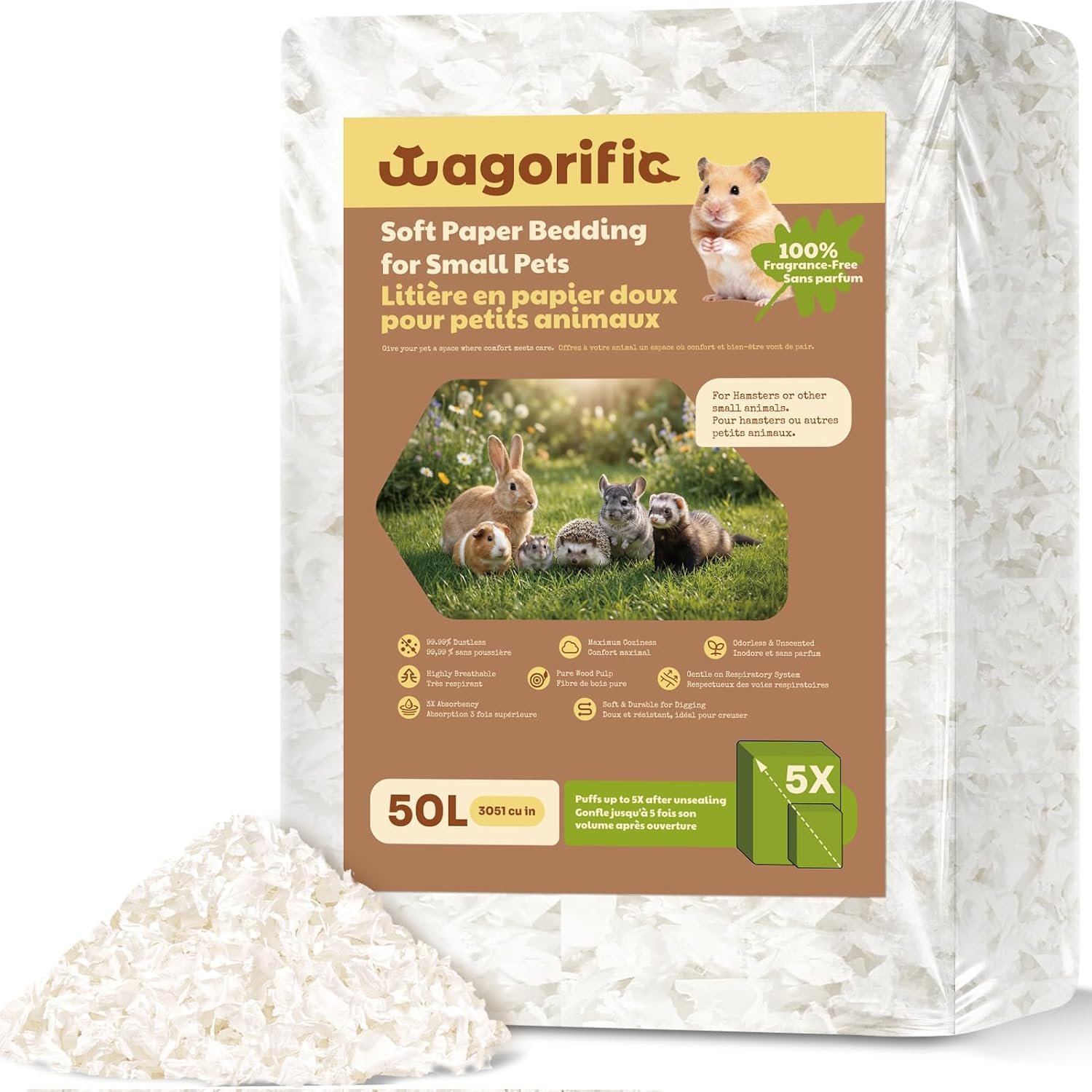 Hamster Bedding Odor Control, Small Animal Paper Bedding 50L | Guinea pig bedding expands 5X, creating soft absorbent fill for burrowing, nesting, moisture control and fresher cages daily