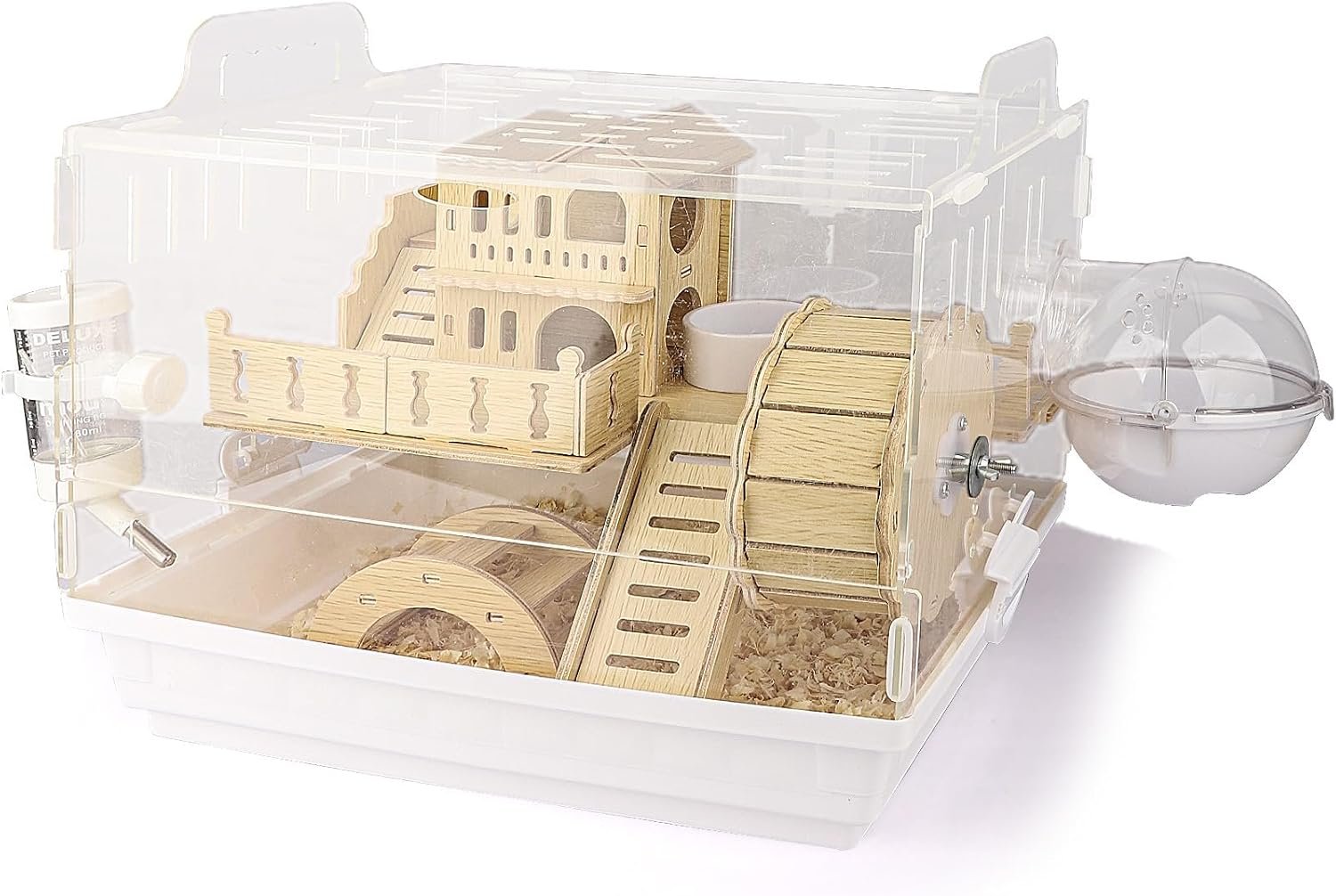 Cycodo 8 in 1 Acrylic Hamster Cage,2-Tier Dwarf Hamster Cage with Wooden Wheel & Hideout,Small Hamster Habitat with Accessories,Clear Pet Mice House(White,14″ L*10″ W*11″ H)