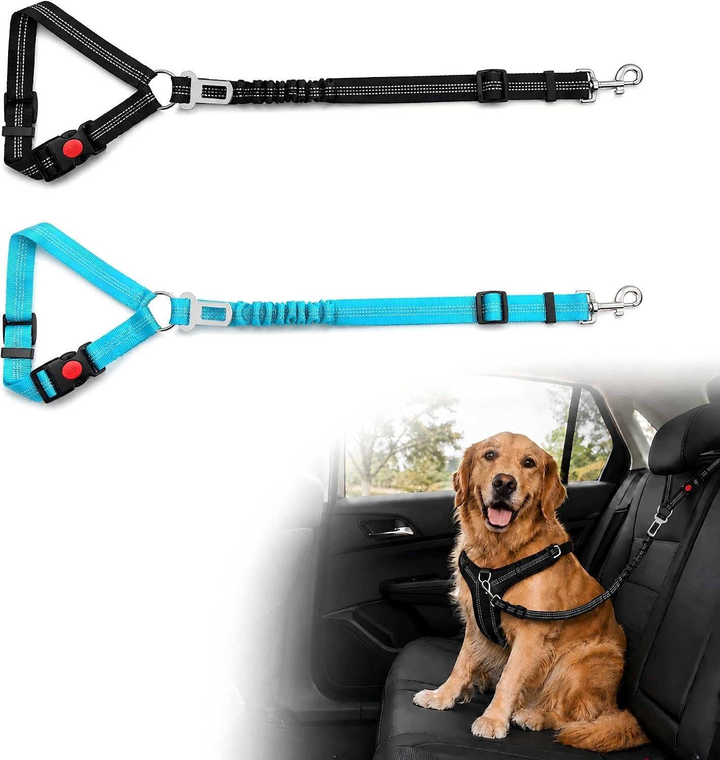 Dog Seat Belt for Car 2 Pack, 3-in-1 Adjustable-Length Bungee Tether