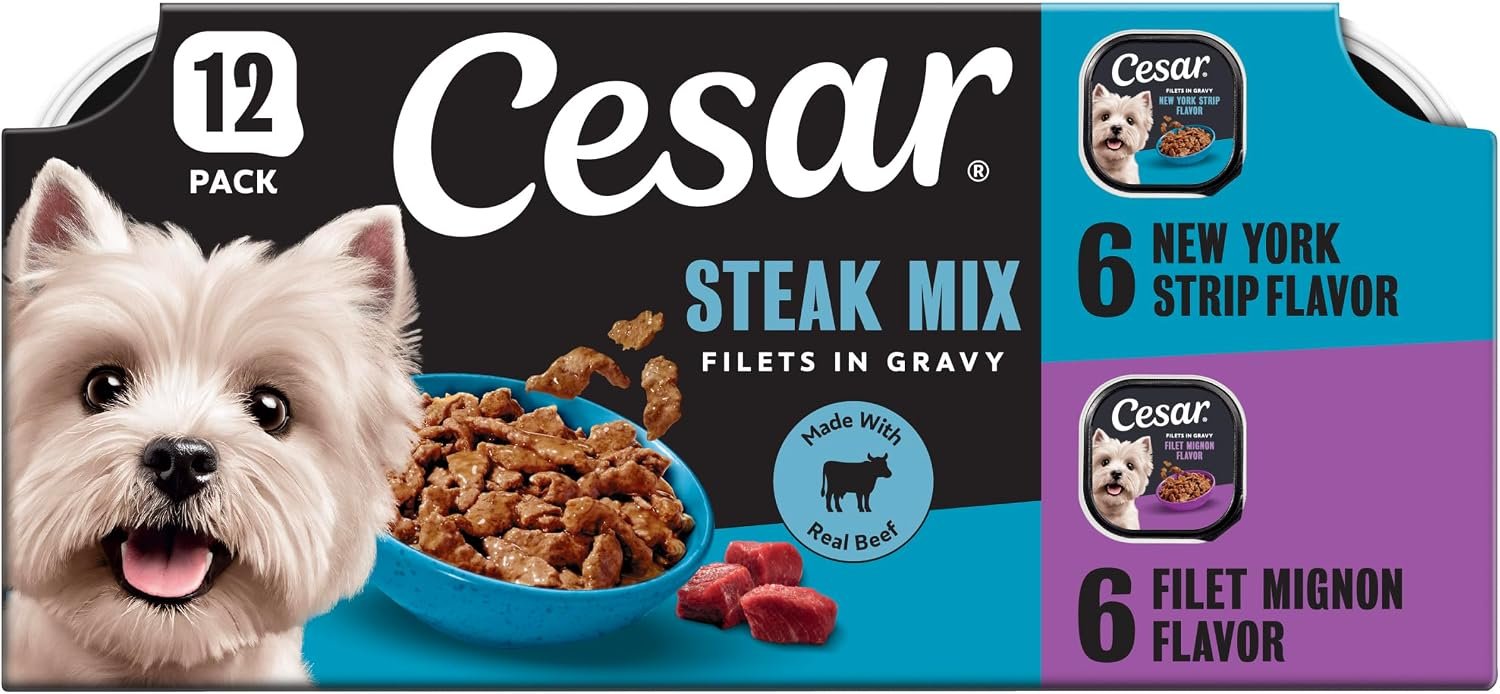 Cesar Filets in Gravy Wet Dog Food, Steak Mix Variety, 3.5 oz, 12 Count | Filet Mignon & New York Strip, real beef, slow-cooked, no fillers/added sugar/artificial flavors, easy peel trays