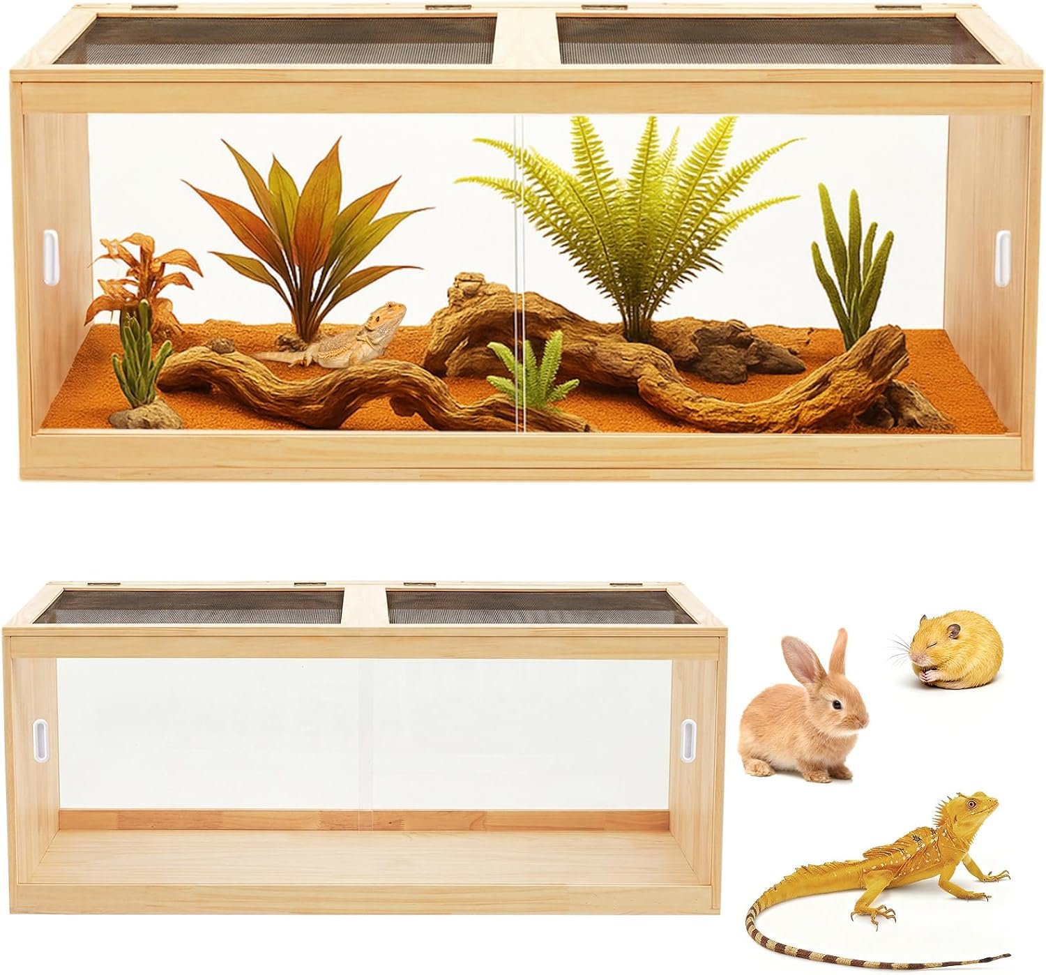 CroBlissful 47″ L x 16″ W x 16″ H Bearded Dragon Enclosure Tank (44 Gallons) –Reptile Enclosure, Lizard Terrarium with Sliding Door & Metal Mesh Top, Suitable for Reptiles, Hamsters (Solid Wood Style)