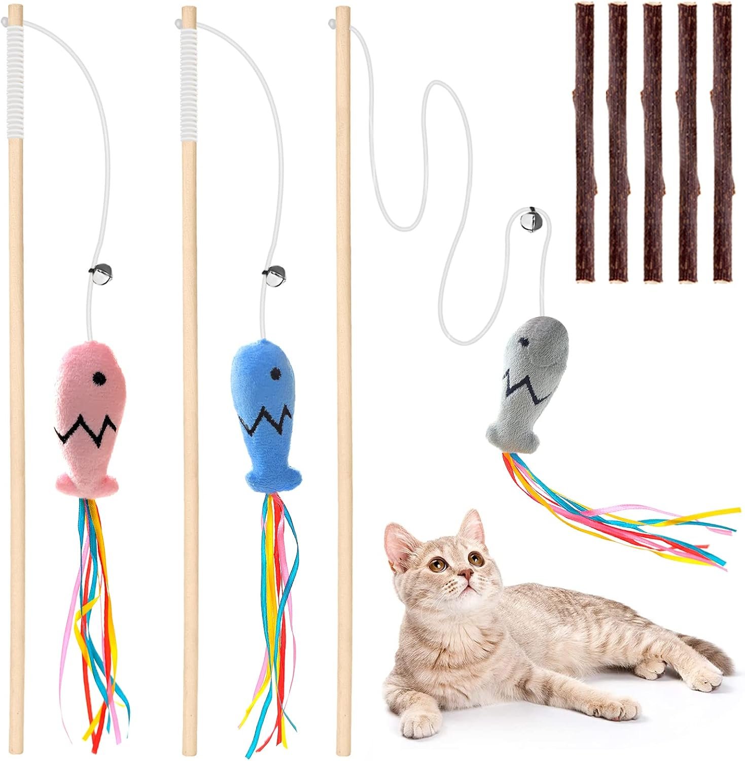 Natural Wood Cat Wand Toy with Ribbon Fish Teaser – 3pcs, 16 Inch