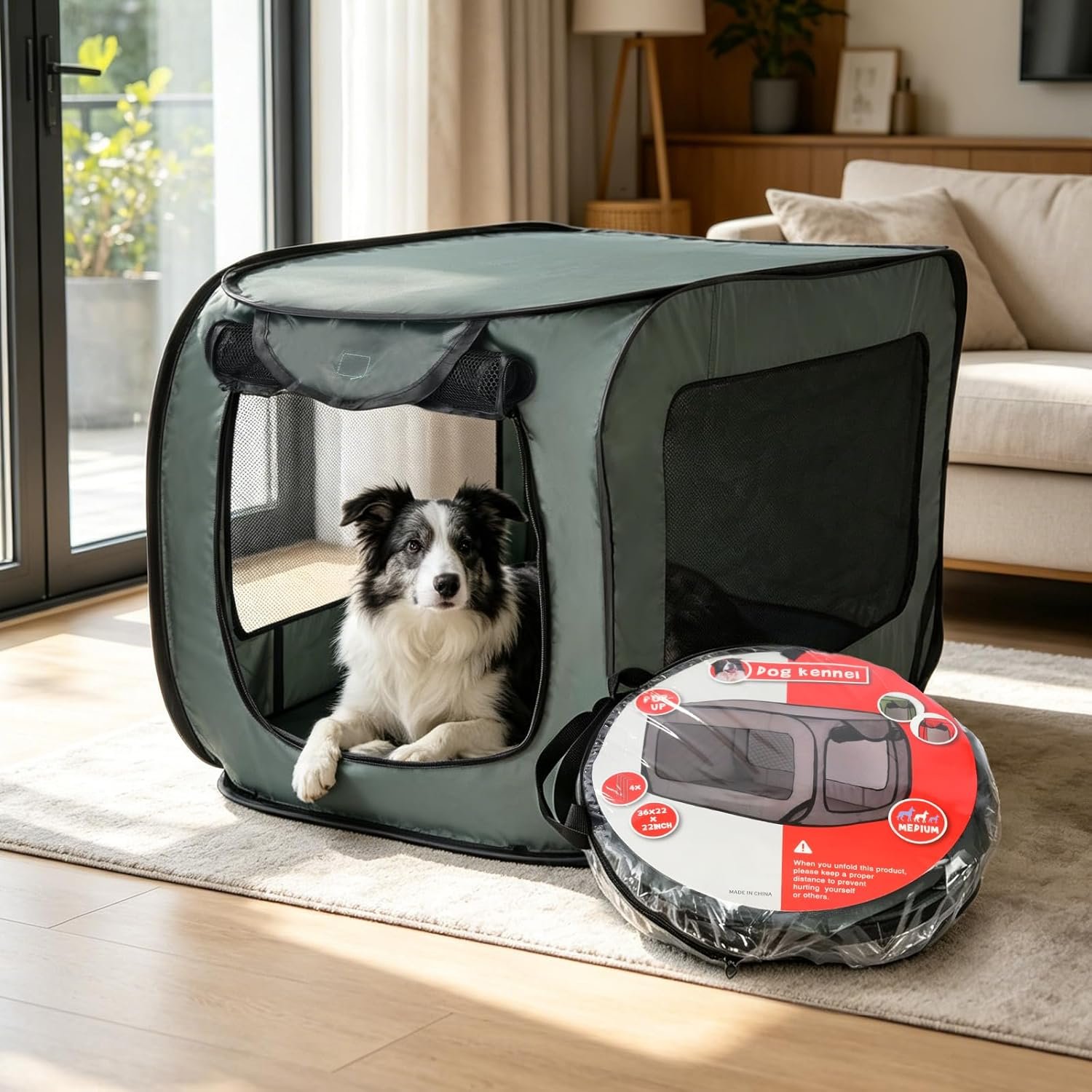 Foldable 36″ Dog Crate for Medium Dogs, Portable Waterproof Pop-Up Pet Kennel with Zipper, Collapsible Lightweight Indoor Outdoor Travel Cage with Tie-Down Straps & Ground Nails (Grren)