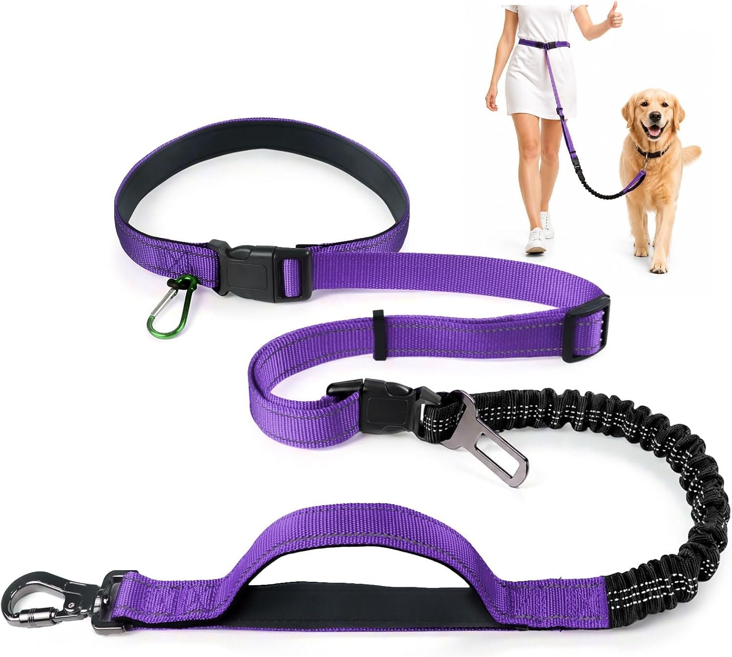 PETCARE 4 in 1 Hands Free Dog Leash with Car Seatbelt Buckle, Shock Absorbing Bungee Dog Waist Leash Belt for Running Walking Hiking, Dual Handles & Reflective, Adjustable for Small Medium Large Dogs