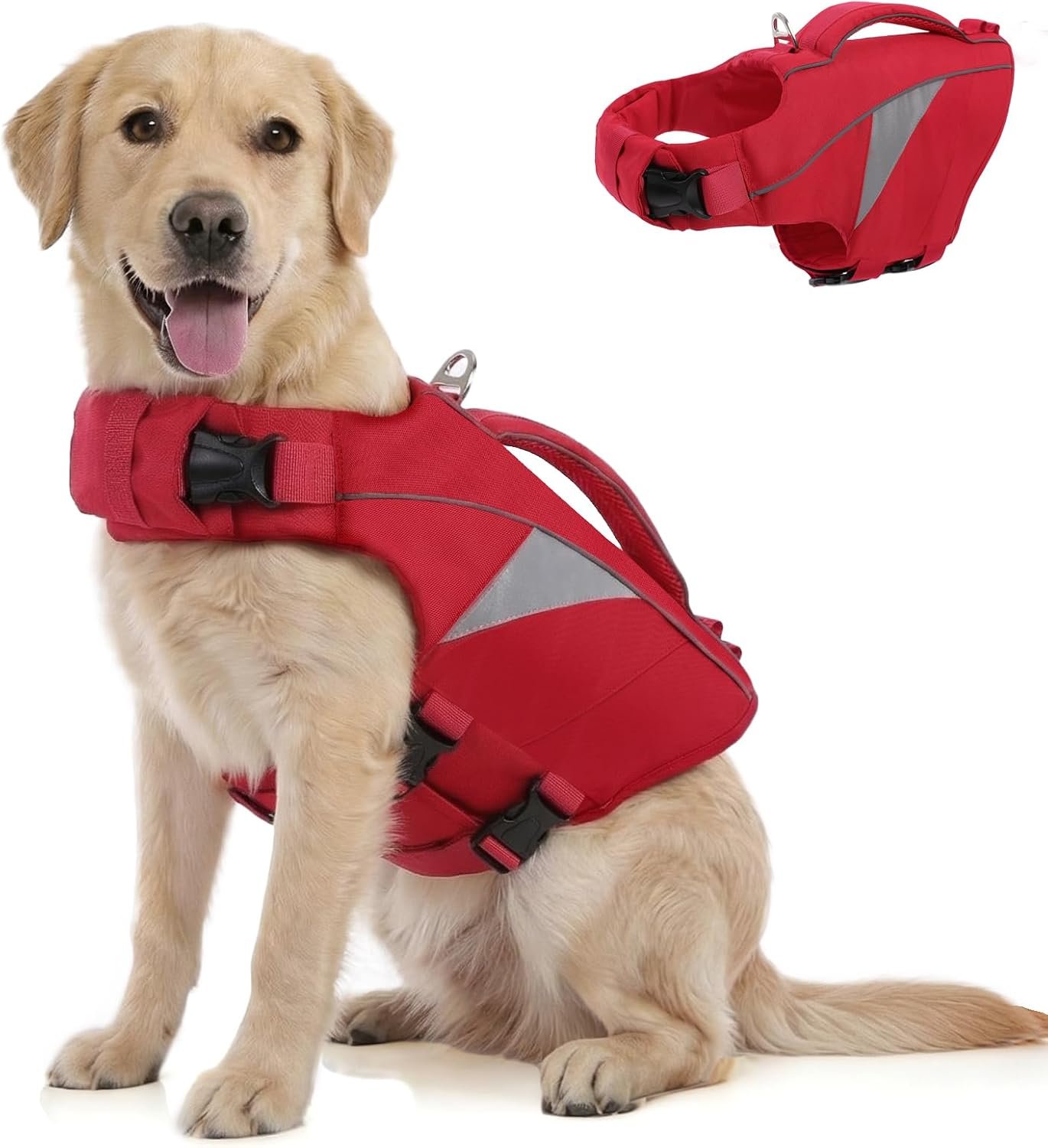 Queenmore Large Dog Life Jacket,Reflective Dog Life Vest for Extra Large Dogs with High Buoyancy, Pet Lifesaver Vest for Swimming Boating,Lightweight Doggy Jackets with Rescue Handle(Red,2XL)