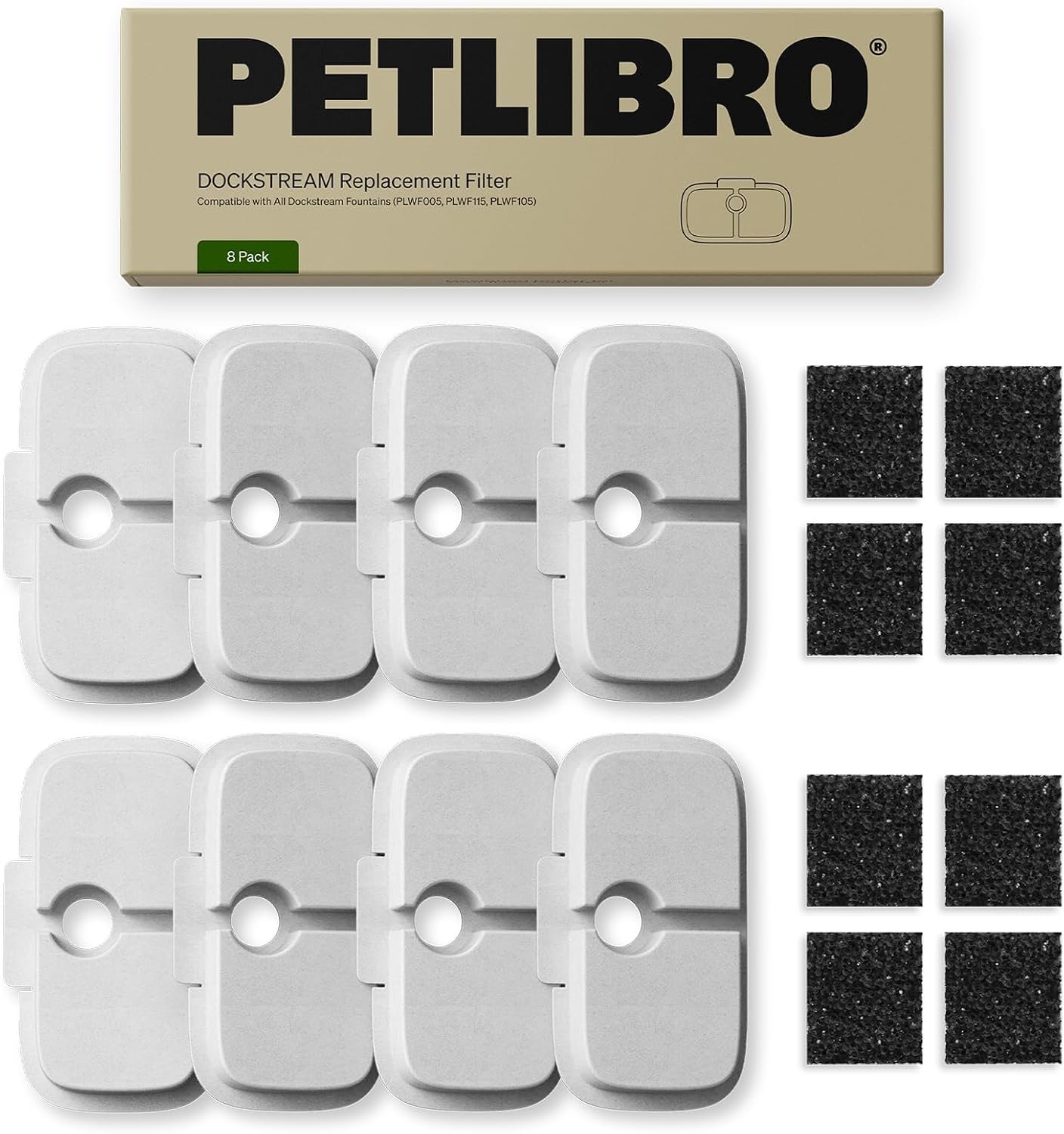 PETLIBRO Cat Water Fountain Filter Replacement, 8 Packs Pet Fountain Filter & Sponges for Dockstream WF106/WF116/WF105/WF115/WF005/WF305, 4 Months Set Easy-Swap PETLIBRO Cat Water Dispenser Filter