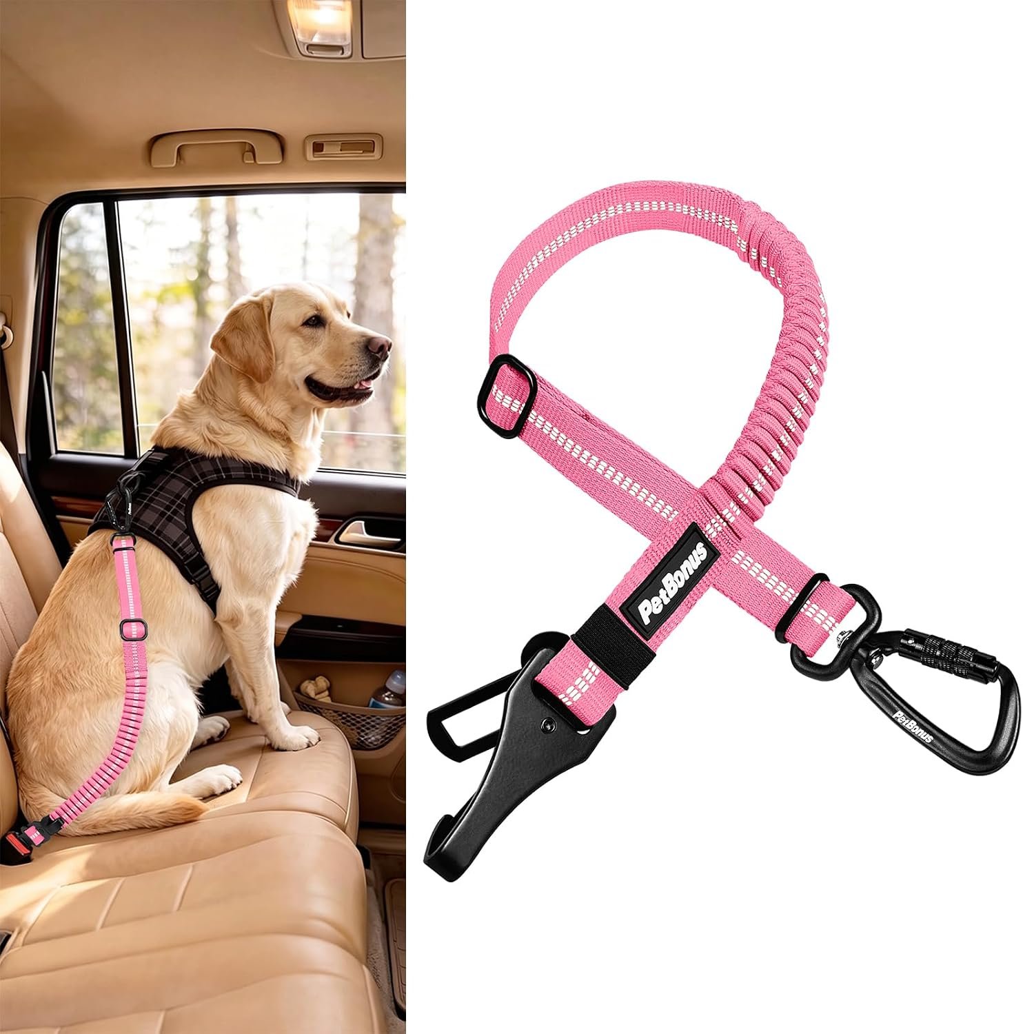 PetBonus Dog Seat Belt for Car, Durable Safe Dog Car Harness for Vehicle