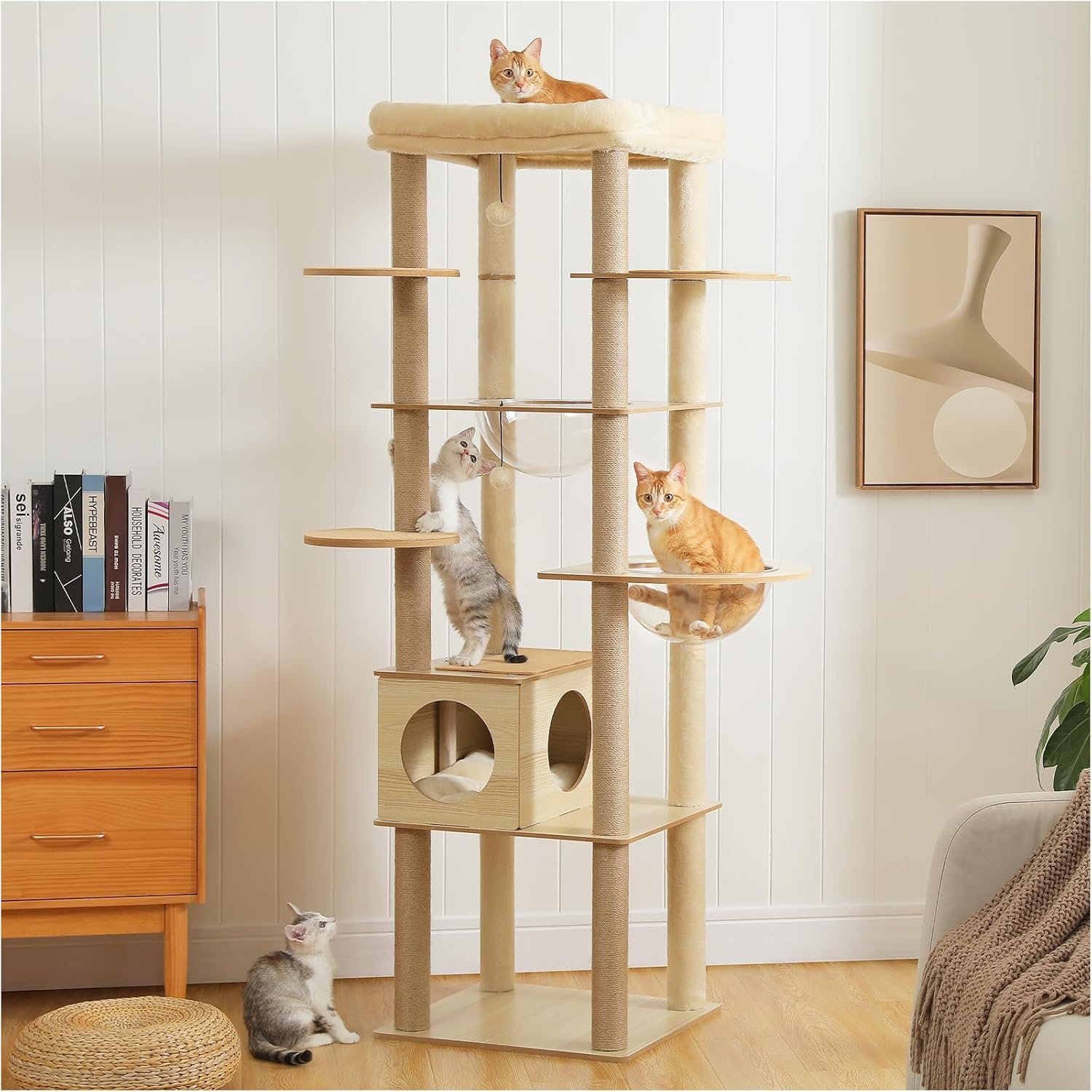 Wooden Cat Tree, 71″ Tall Cat Tower for Large Cats with 2 Acrylic Bowl