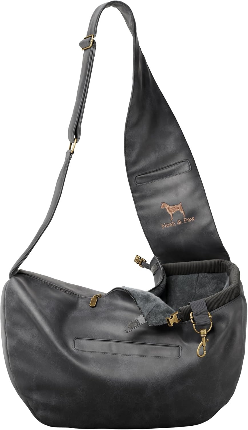 Noah & Paw Dog Sling Carrier for Small Dogs 5-18lb, Dog Sling for Small Dogs and Cats, Dog Carrier with Adjustable Padded Strap, Vegan Leather Lined with Fur, 3X Safety Features, Machine Washable