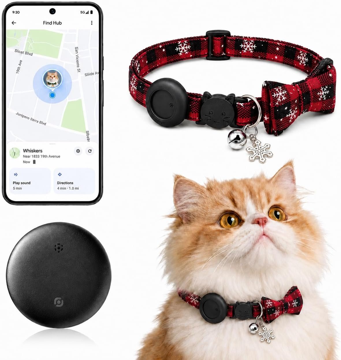 Cat Tracker GPS for Android, Pet GPS Tracker Collar for Cats No Subscription, IP67 Waterproof Cat Collar with Tracker Compatible with Google Find Hub – Replaceable 1-Year Battery, Android Only (Red)