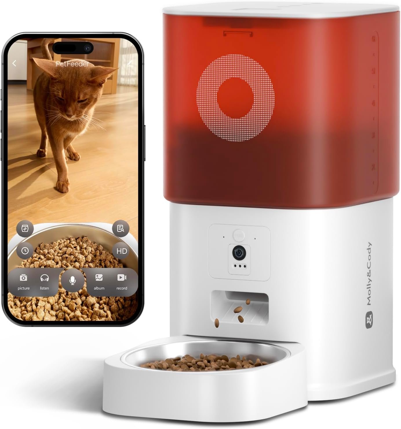 Automatic Cat Feeder with Camera: 6L Automatic Dog Feeder with 2-Way Audio Night Vision Dual Power Supply App Control 2.4G WiFi, Timed Auto Cat Food Dispenser with Stainless Steel Bowl (White)