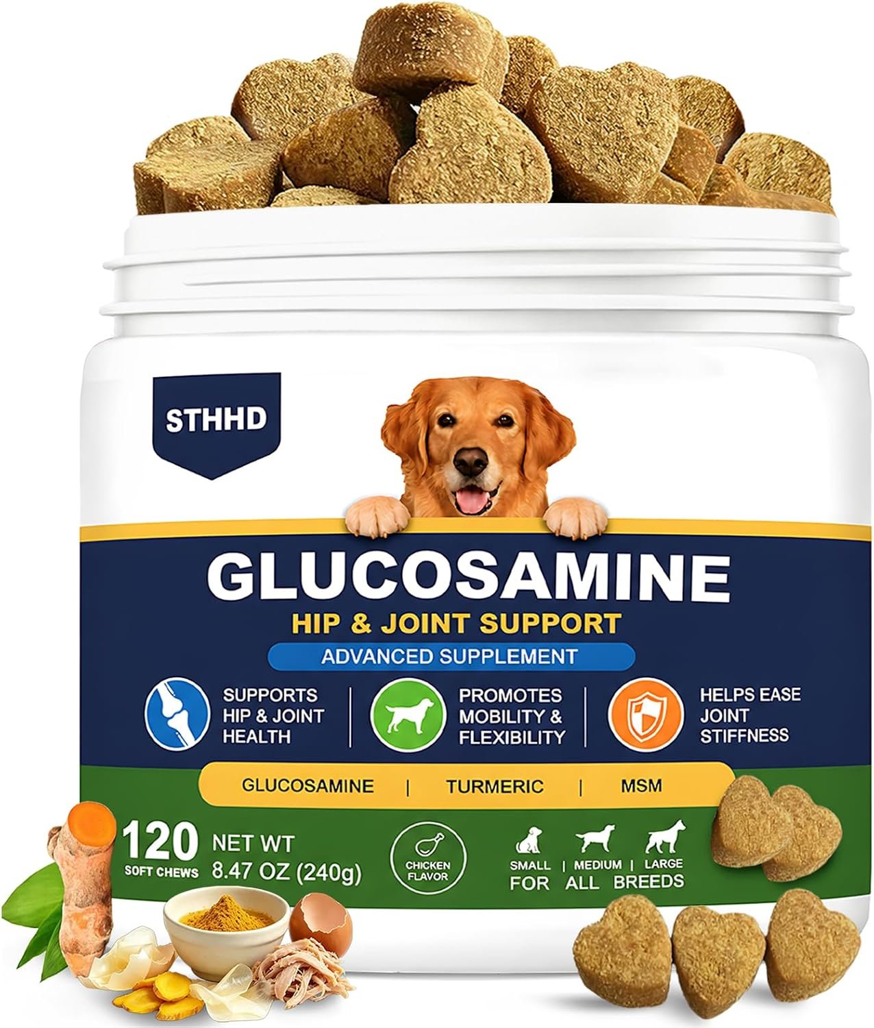 Hip and Joint Supplements for Dogs – Glucosamine for Dogs with Chondroitin, Turmeric & MSM – Joint Pain Relief and Hip Support – All Ages and Breeds – 120 Chews