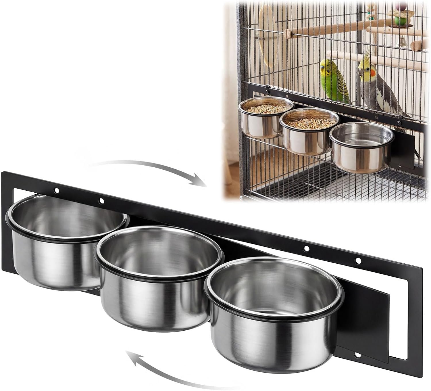 LemonRoad 3 Pcs Stainless Steel Bird Feeder Cups with Swing Gate, Rustproof Parrot Feeding Station (18.9″ x 5.12″) for Parrots, Cockatiels, Lovebirds, Easy to Install, Perfect for Large Bird Cages