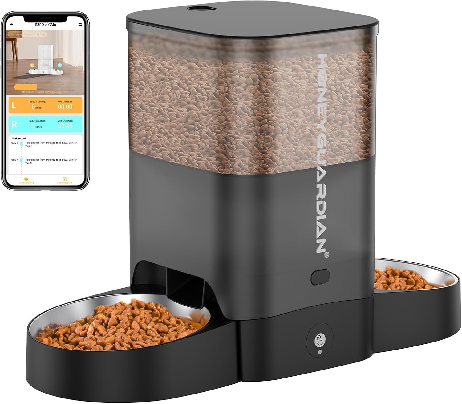HoneyGuaridan Automatic Cat Feeder for 2 Cats, 2.4/5G WiFi Smart Feed Pet Feeder with Stainless Steel Bowl,APP Control Dispenser, Dual Power Supply,Desiccant Bag,10s Meal Call Black
