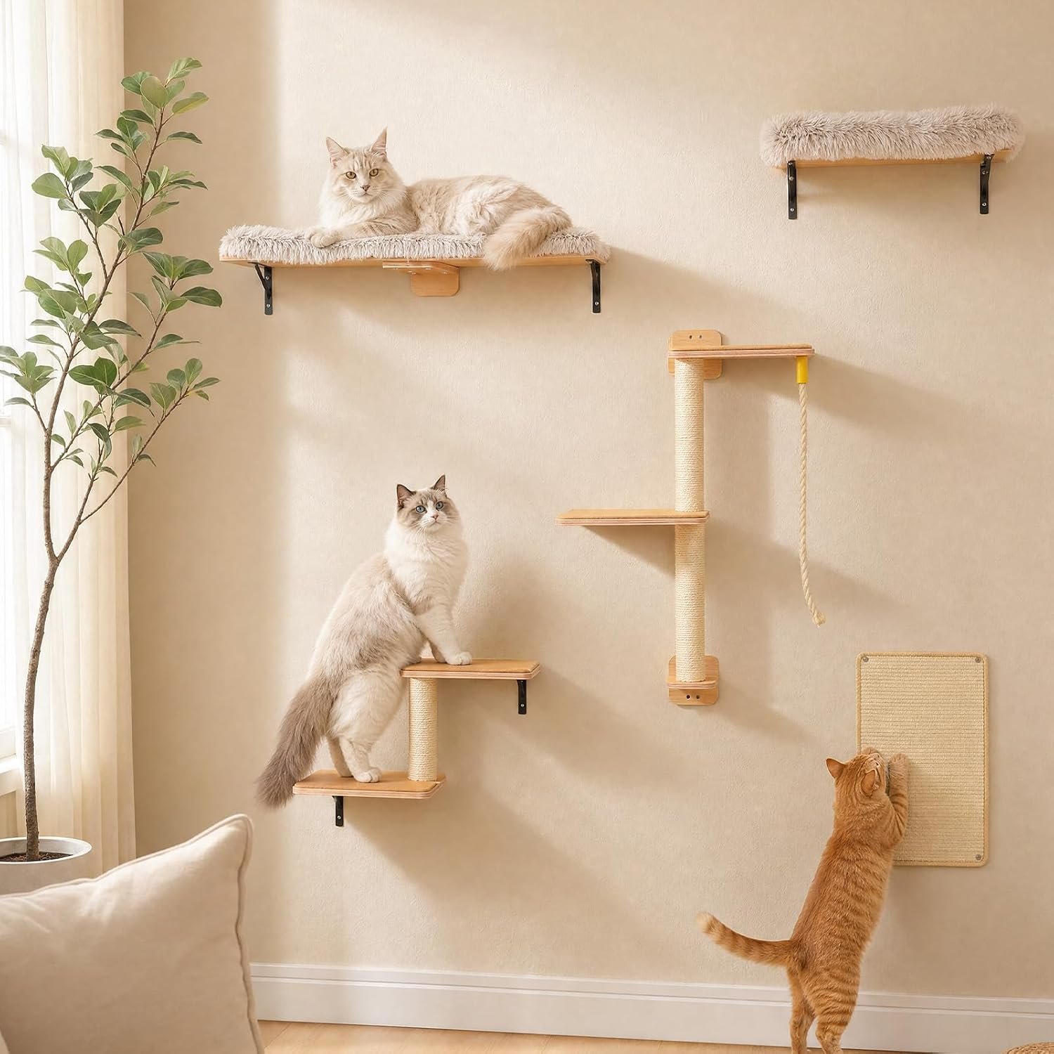 PAWZ Road Cat Wall Shelves, Modern Cat Wall Furniture with Sisal Posts