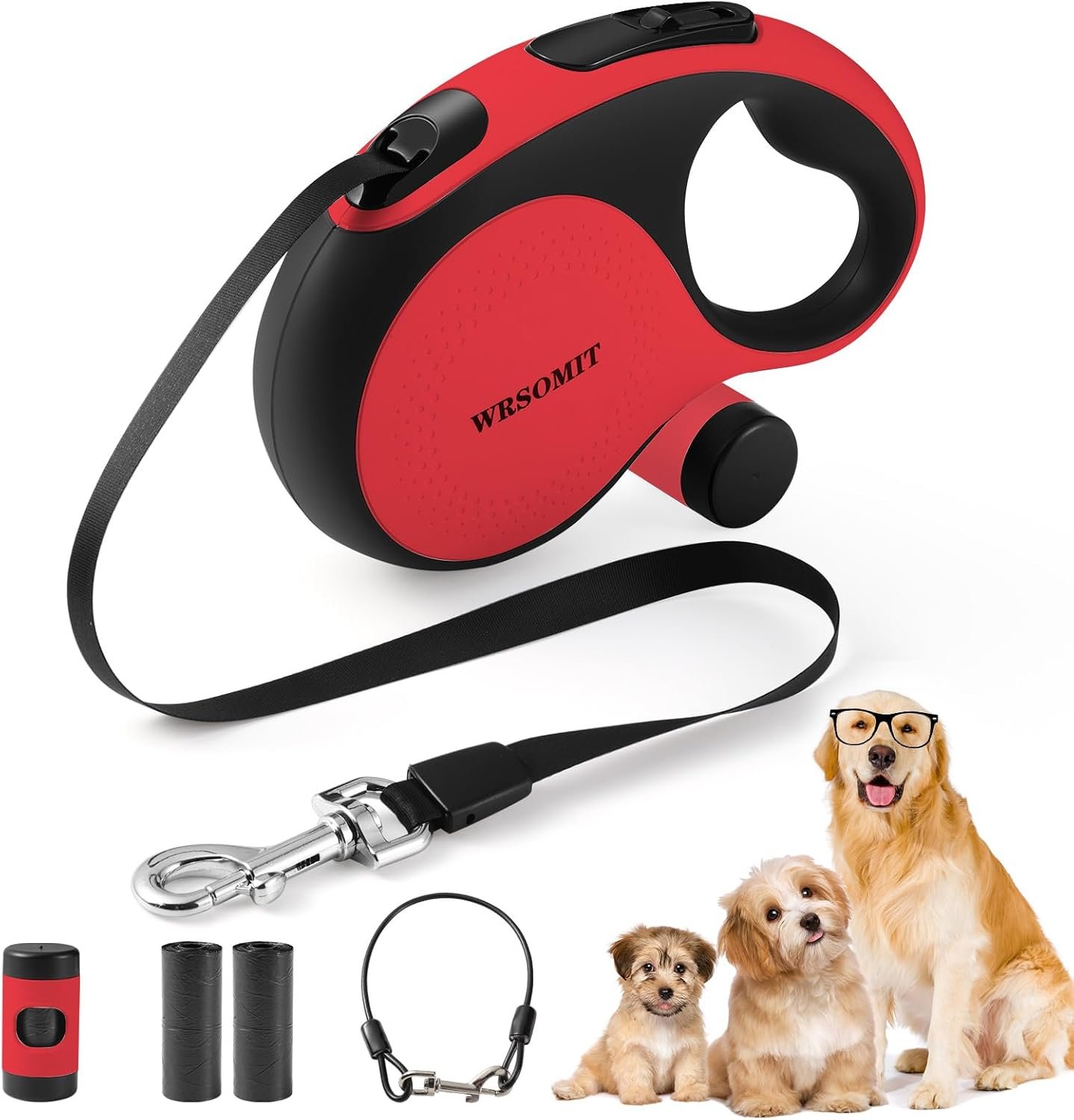 26 Ft Retractable Dog Leash with Chew Proof Cable – Red
