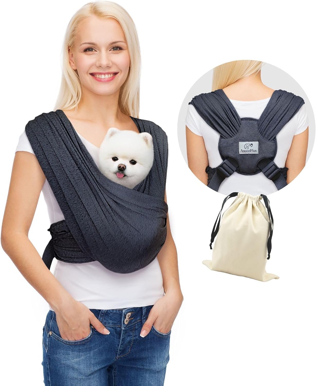 AnccoPlus Small Dog Sling Carrier, Hands-Free, Charcoal Black, Regular