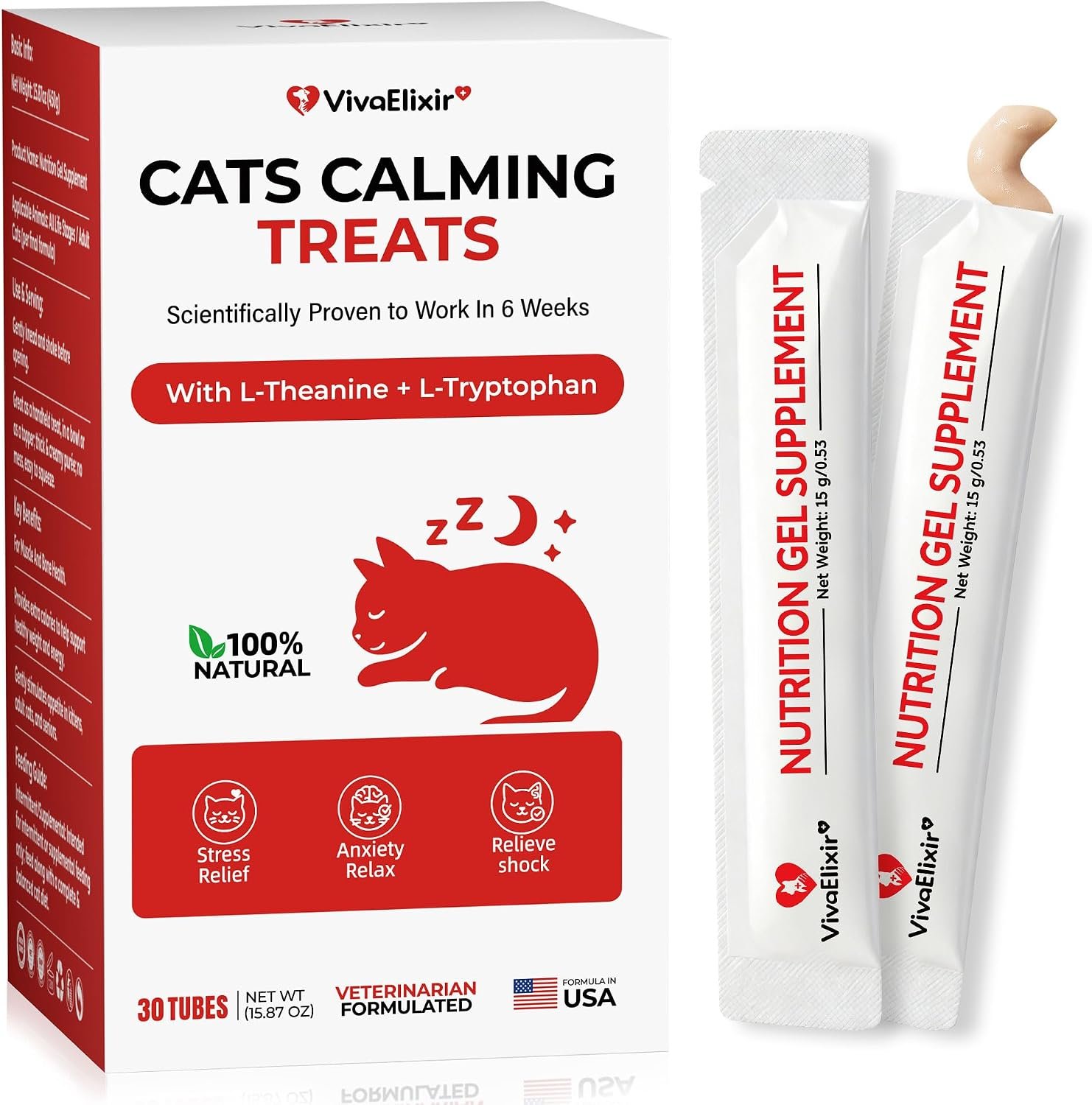 Cat Calming Treats – Natural Stress, Anxiety & Shock Relief for Cats – Featuring L-Theanine, L-Tryptophan & Catnip – 100% Veterinarian Formulated, 30 Likable Gel Tubes for Quick Calm & Relaxation