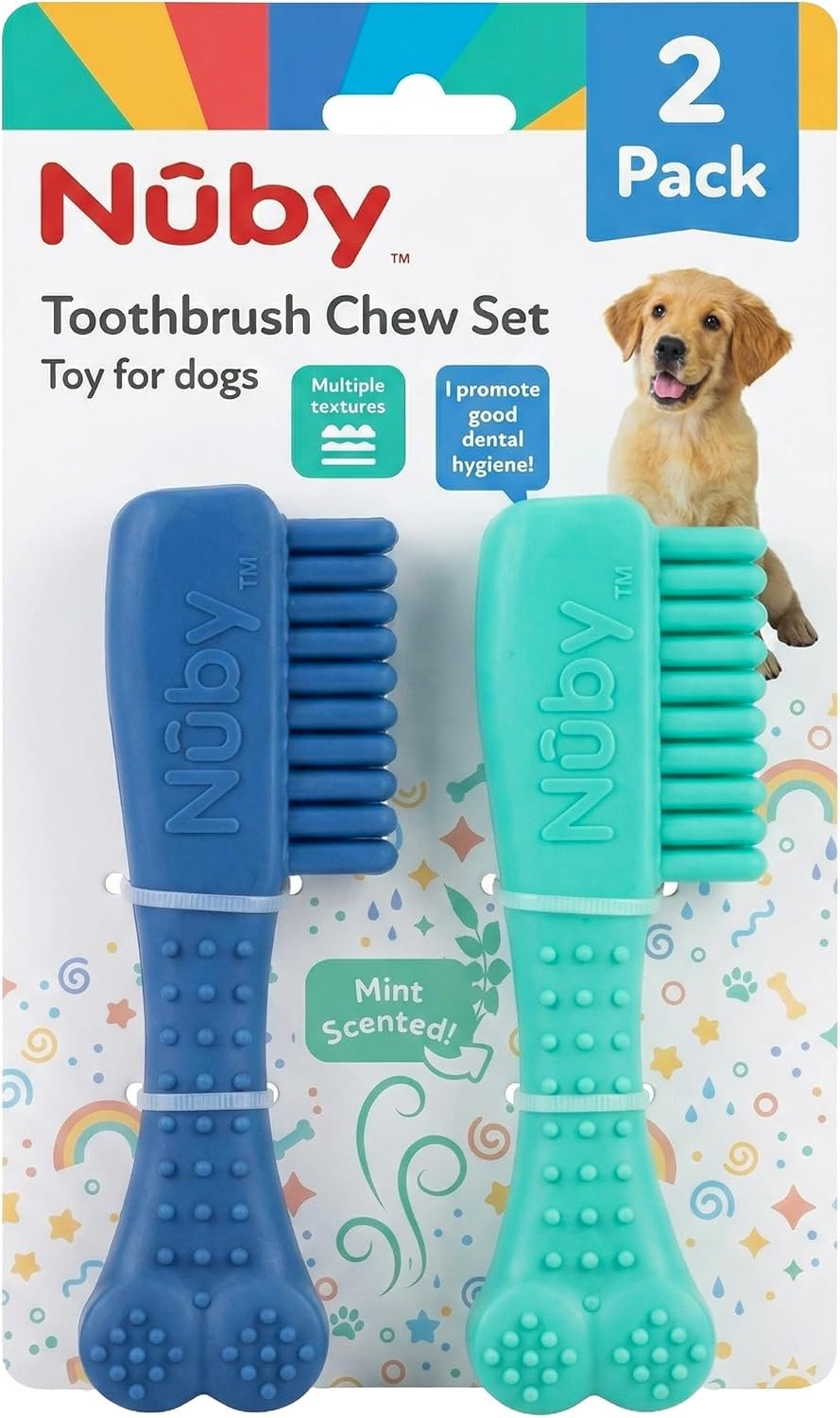 Nuby Pet Toothbrush Set Toys for Dogs, 2 Pack TPR Textured Dog Chew Toys with Studded Surface, Mint Scent, Durable Dental Teething Toy for Puppies & Small to Medium Dogs, Assorted Colors