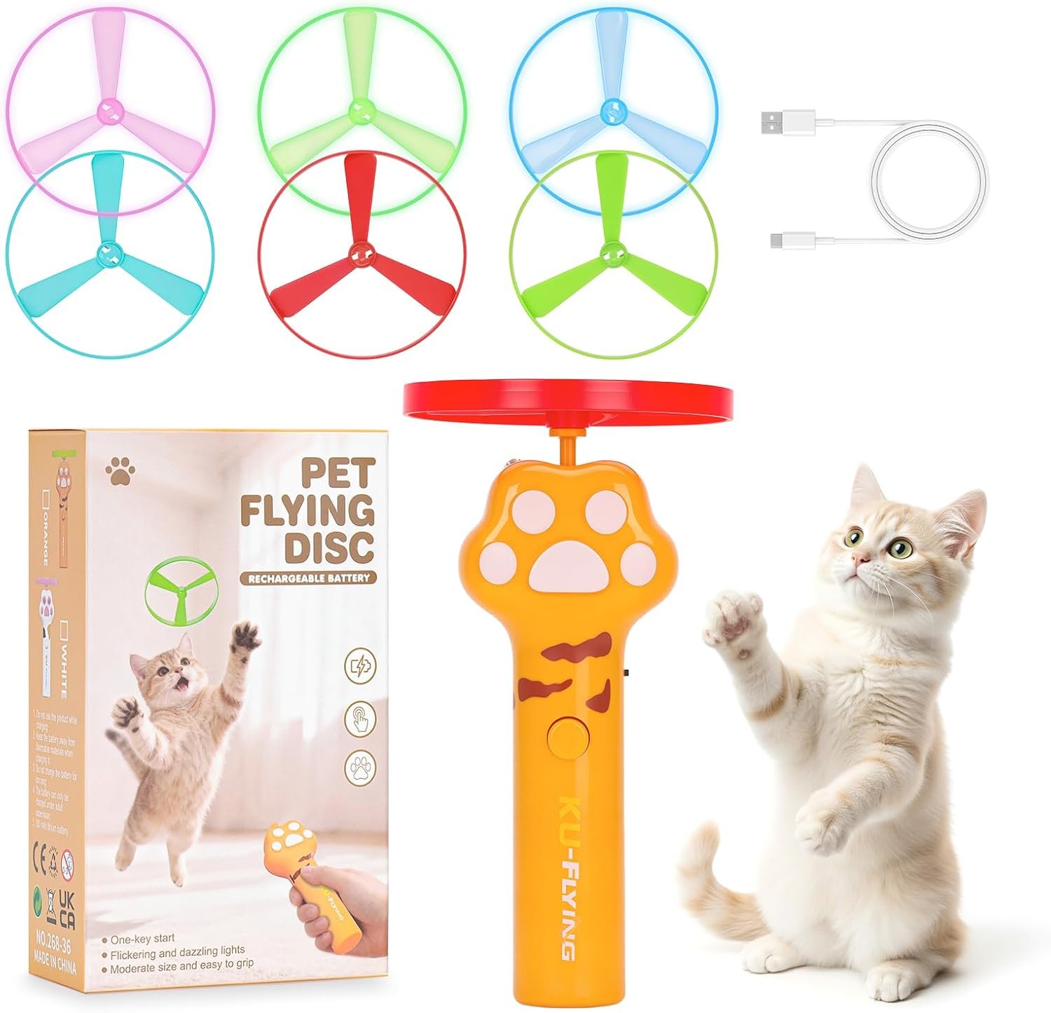 Cat Fetch Toy, Flying Disc Launcher with 6 Flying Discs