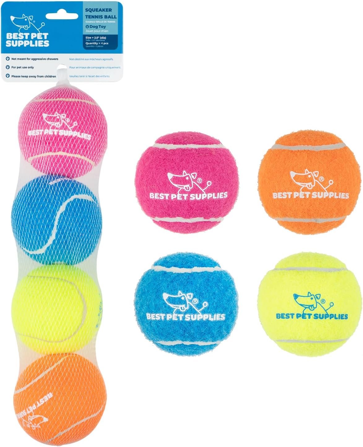 Best Pet Supplies Interactive Squeaky Dog Chew Toy, Ideal Dog Toys for Chewers, Small, Medium & Large Dogs, and Fetch Lovers – Tennis (Assorted Color), Medium (Pack of 4)