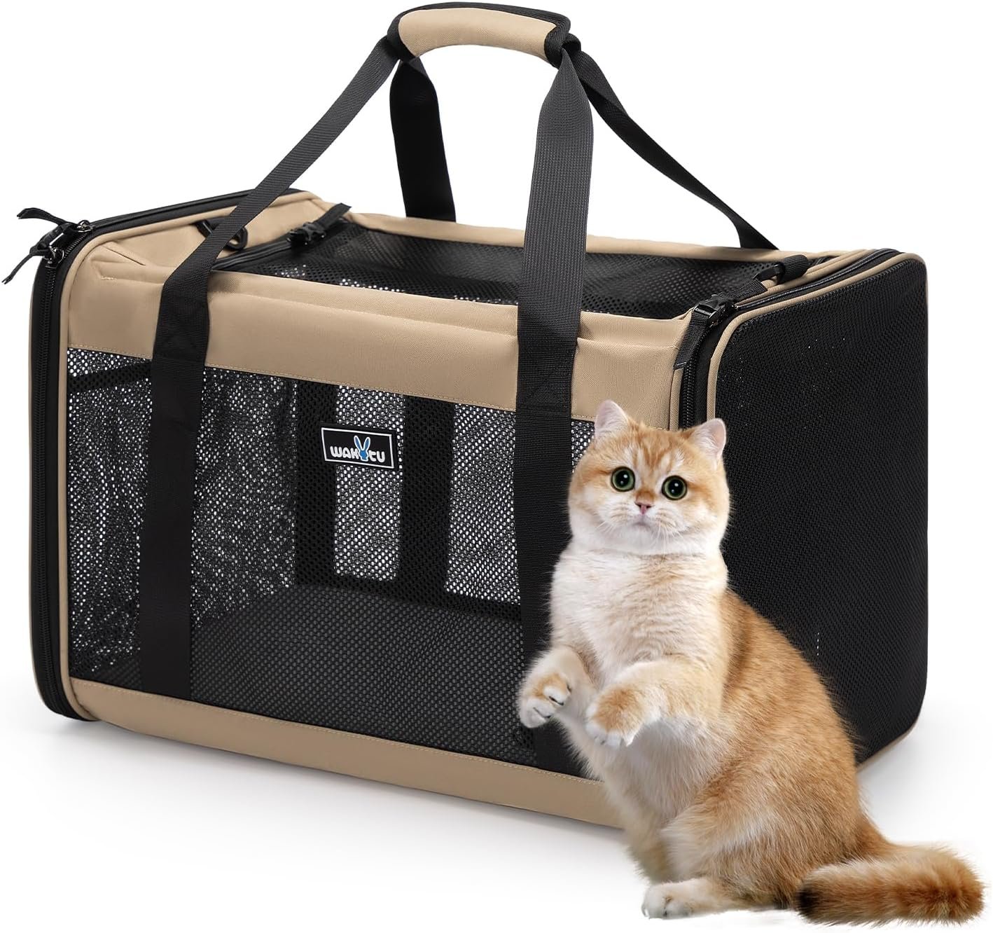 Wakytu Expandable Pet Carrier for Dogs & Cats, Large Travel Bag with 5 Mesh Windows, 2 Entrances, Locking Zippers & Padded Straps,L