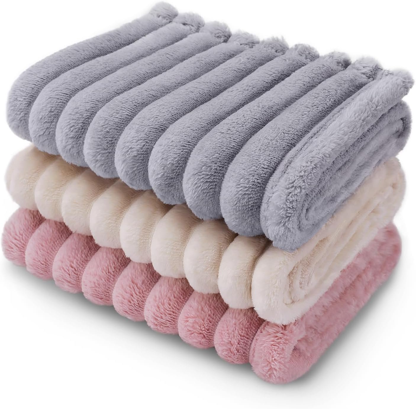 LINENLUX 1 Pack 3 Fleece Dog Blanket Soft Warm Cat Beige/Pink/Grey Small
