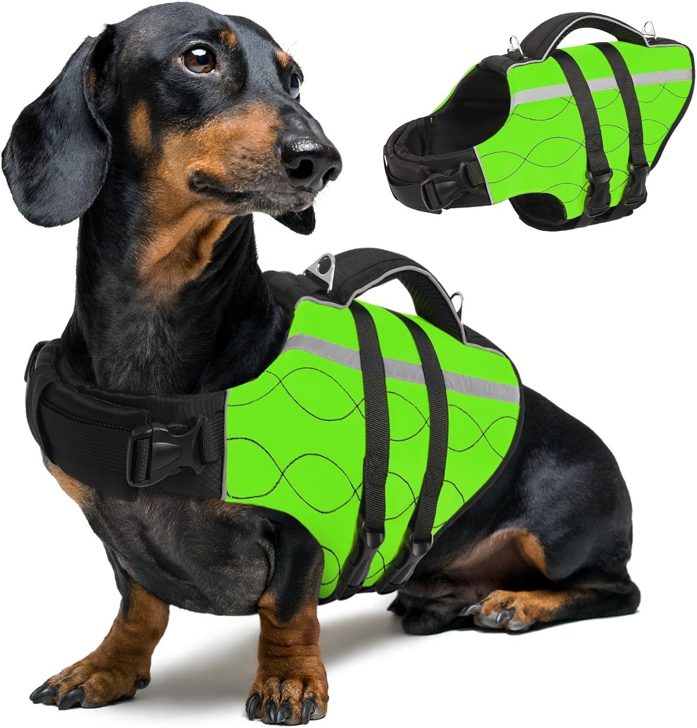 Queenmore Dog Life Jacket Large,High Flotation Dog Life Vest for Swimming Boating,Adjustable Ripstop Pet Lifesaver for Large Dogs,Reflective Safety Dogs Swimming Vest with Rescue Handle(Green,L)