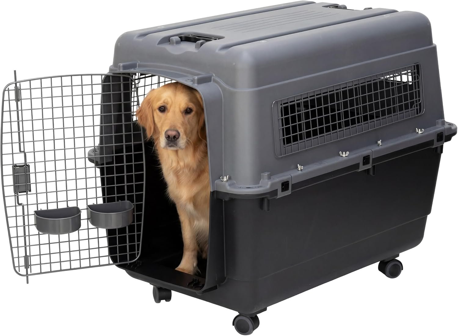 SportPet Airline Compliant X-LARGE 35.5″ Travel Dog Kennel-Durable Plastic Airline Pet Carrier w/Removable Wheels & Food Bowls, Collapsible Indoor/Outdoor Dog Kennel, Dogs up to 32″L & 23″H-Dark Gray