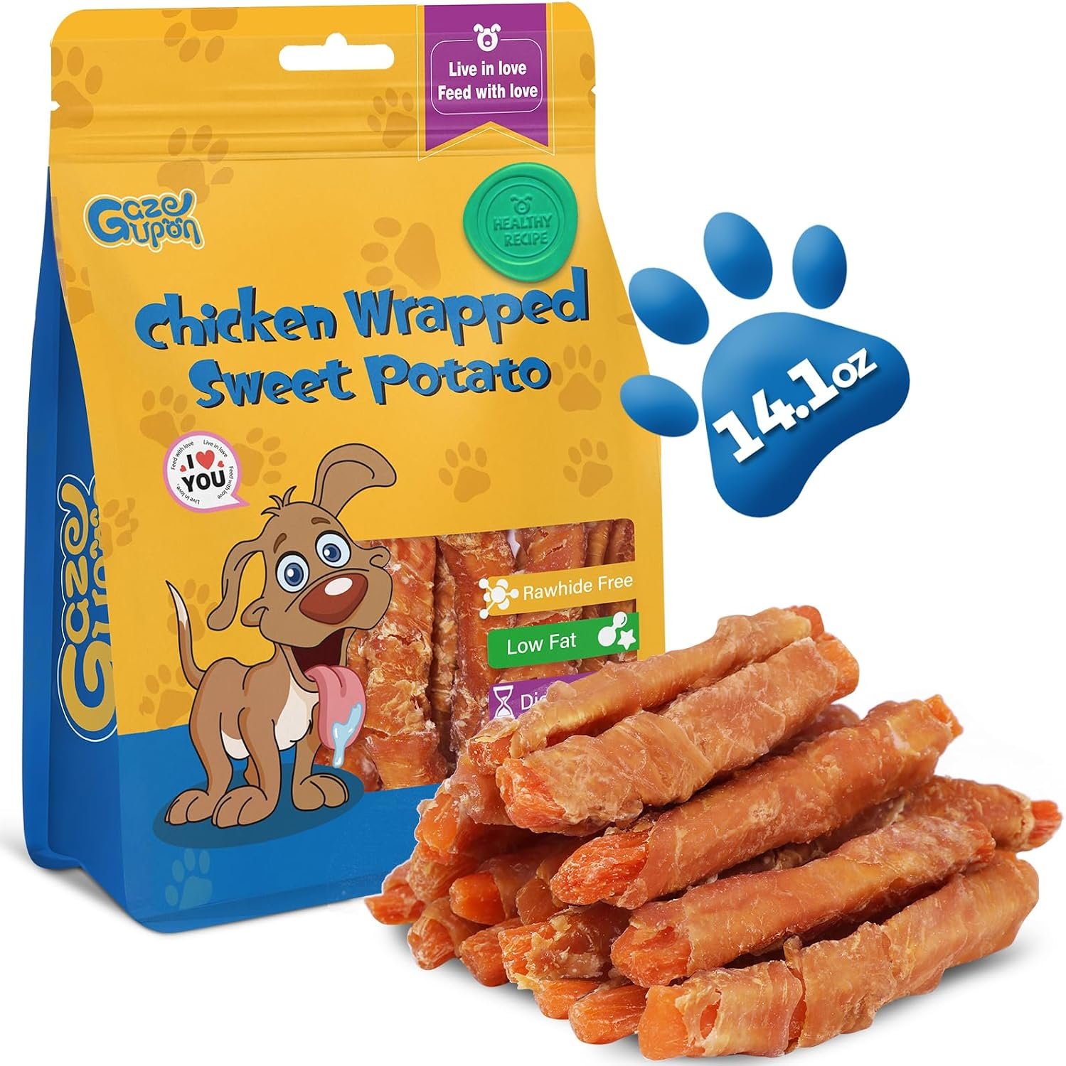 Gazeupon Dog Treats, Chicken Wrapped Sweet Potato, Healthy Training Snacks | Rawhide Free, High Protein Natural Chews for All Breed Sizes, w/Glucosamine Chondroitin